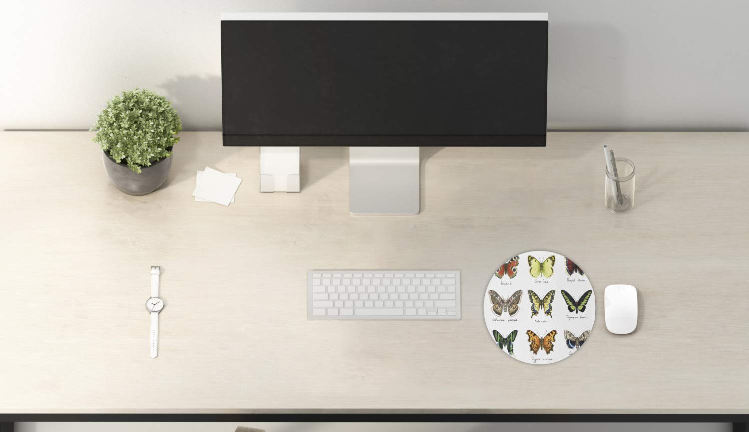 Ambesonne Butterfly Mouse Pad - Watercolor Spring Insects Design, Non-Slip Thick Rubber Gaming Mousepad for Computer & Laptop, 8 Inch Round Mouse Mat for Office, Home & Gaming Setup (Multicolor)
