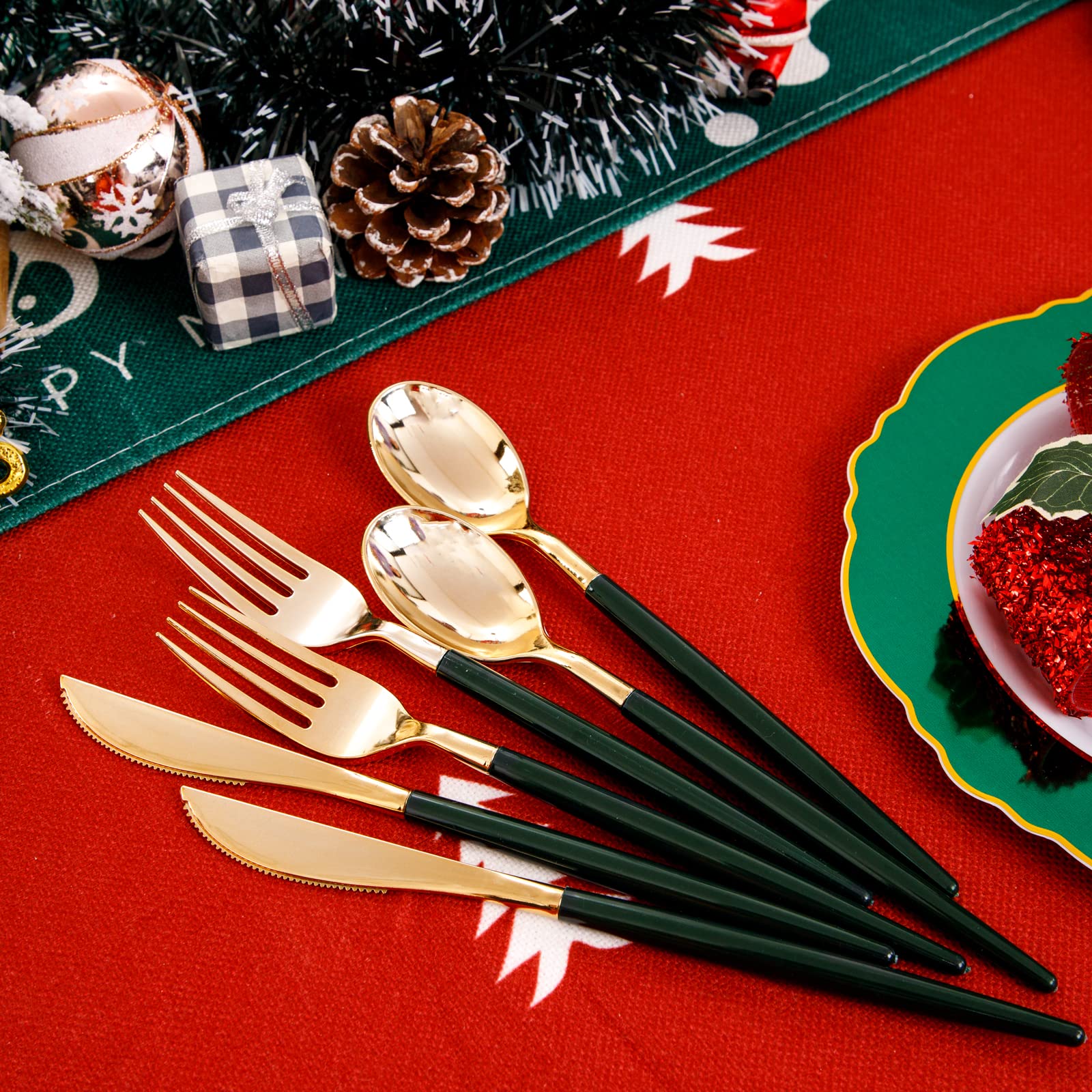 WDF 30-Pack Gold Christmas Plates Disposable with Green Handle - Elegant Baroque Plastic Dinnerware Set for Holiday Parties, Family Gatherings & Festive Celebrations
