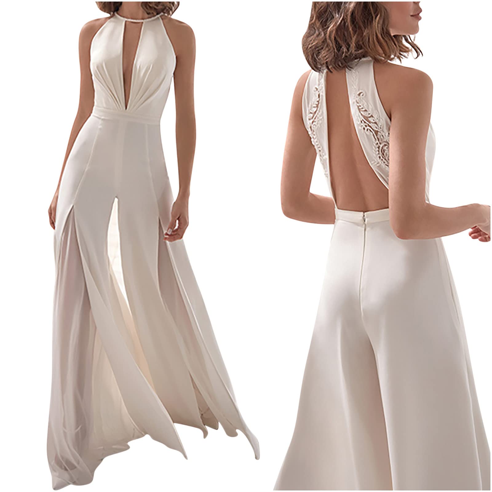 Elegant Sexy V-Neck Sleeveless Formal Evening Dress for Women - White Maxi Party Gown for Wedding Guest, Beach & Special Occasions