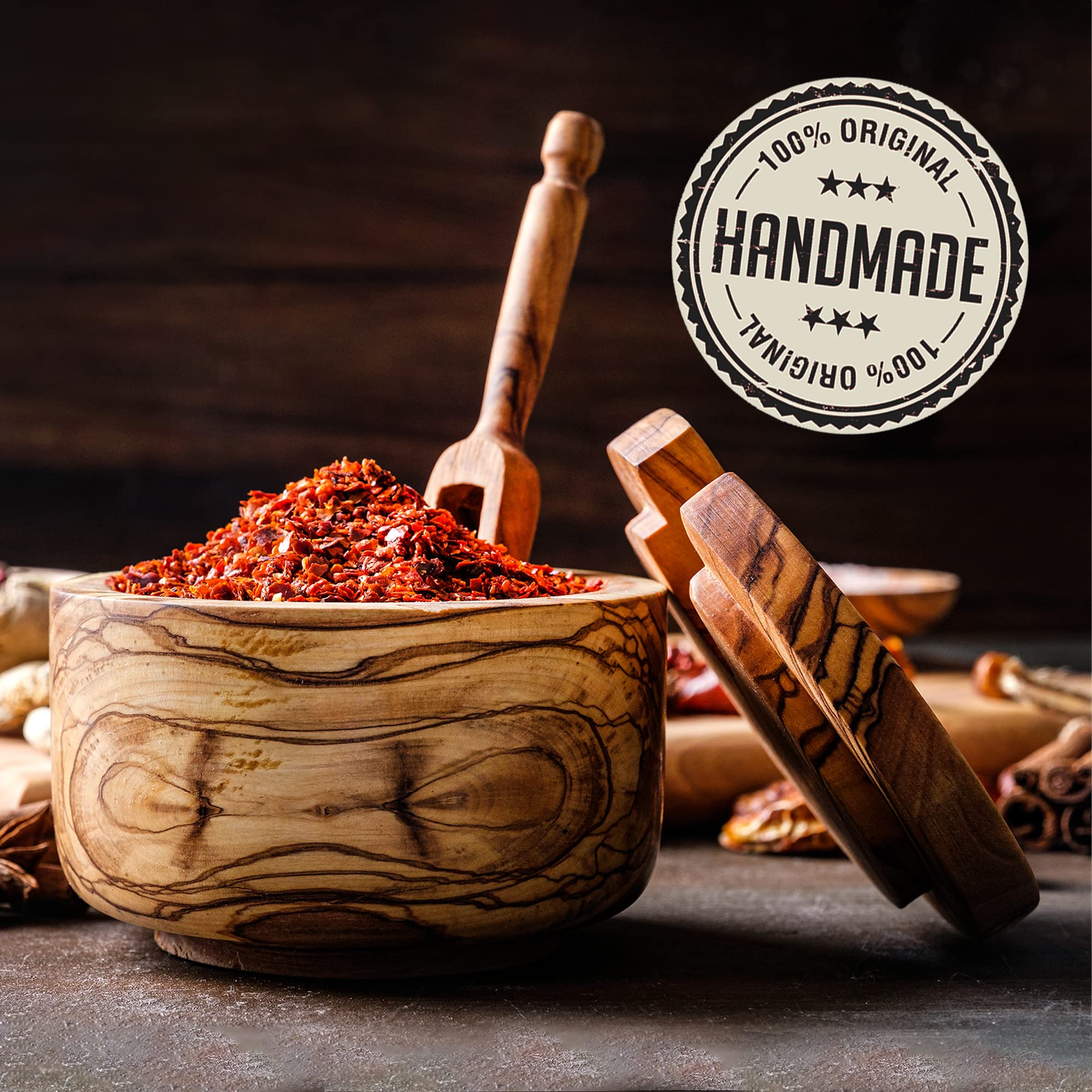 Handmade Natural Olive Wood Salt Cellar with Lid & Spoon - Solid Wood Salt & Spice Box, Stylish Countertop Salt Holder for Kitchen, Dining Table & Gift Giving