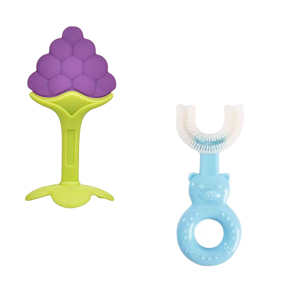 Kritiu Baby Teether and U-Shape Toothbrush Set - BPA-Free Silicone Teething Toy & Infant Toothbrush for 0-12 Months - Safe Teething Relief & Oral Care for Newborns & Toddlers (Blue) - Perfect for Soothing Sore Gums & Early Dental Hygiene at Home or On-the-Go
