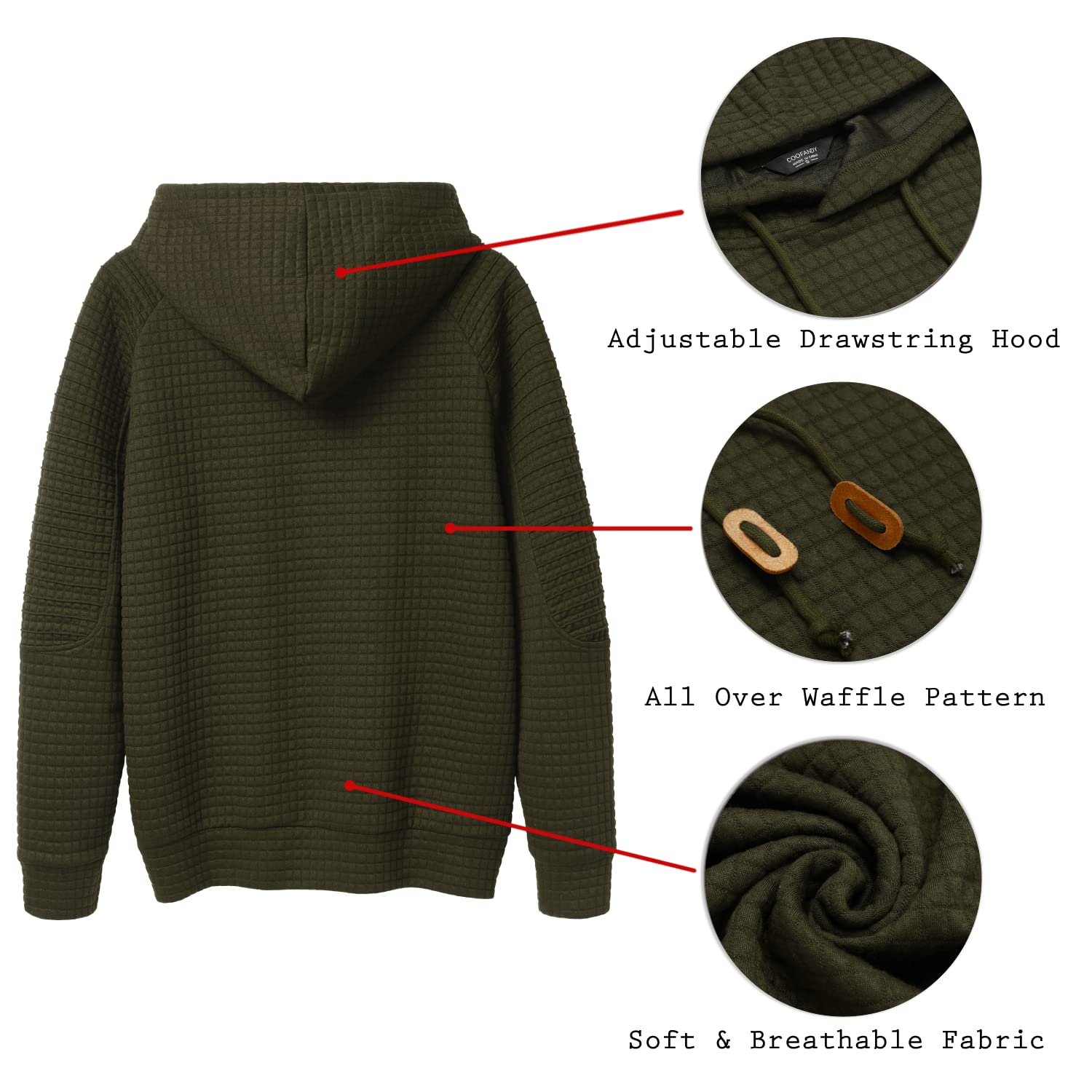 COOFANDY Men's Casual Hooded Sweatshirt - Long Sleeve Waffle Knit Pullover with Kangaroo Pocket & Drawstring | Perfect for Outdoor Activities, Lounge Wear & Street Fashion