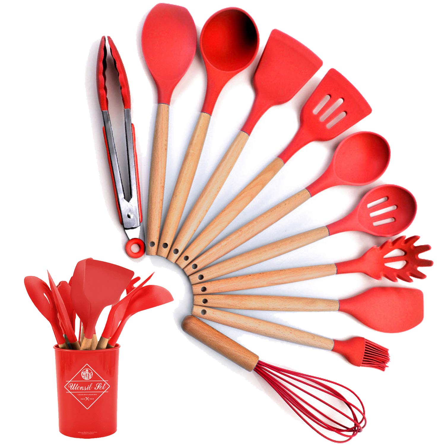 Premium 12-Piece Silicone Cooking Utensil Set with Wooden Handle - Non-Stick, Heat Resistant Kitchen Tools for Baking, Frying & Grilling - Ideal for Home Cooking, Outdoor BBQ & Picnic Use (Red)