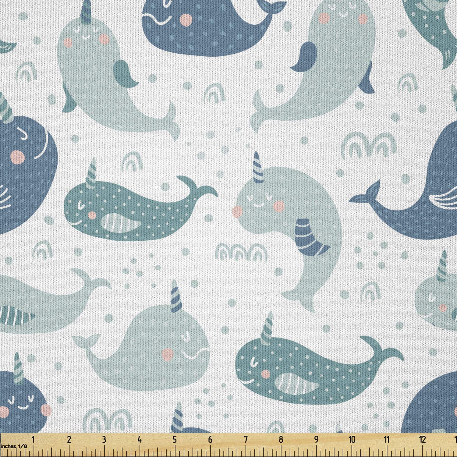 Pastel Narwhal Whale Cartoon Microfiber Fabric by The Yard - 10 Yards Cadet Blue Teal & White - Soft Arts & Crafts Textile for DIY Decor, Quilting, Sewing Projects & Home Decoration