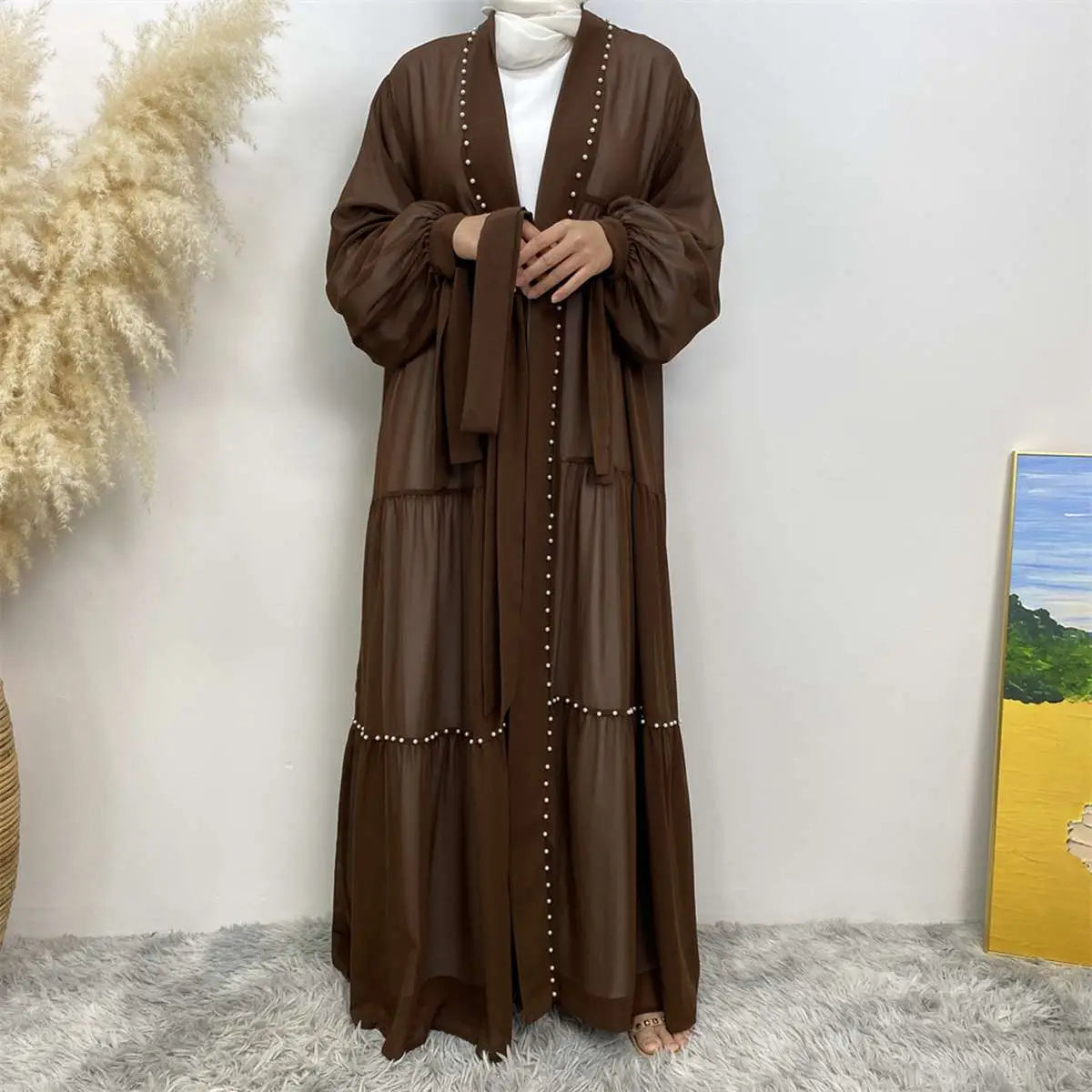 Elegant Muslim Women's Chiffon Beaded Open Abaya Dress - Modest Islamic Prayer Dress for Mosque, Eid & Special Occasions