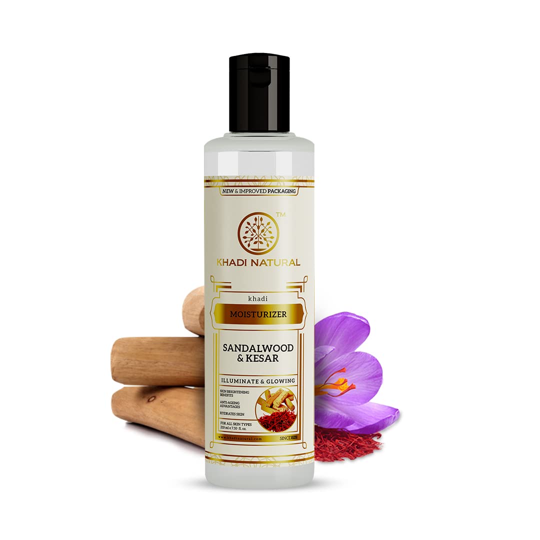 Khadi Natural Sandalwood & Kesar Lotion Moisturizer | Herbal Moisturizer for Hydrated, Healthy & Anti-Aging Skin | Suitable for All Skin Types | 210ml | Perfect for Daily Skincare Routine & Dry Skin Relief