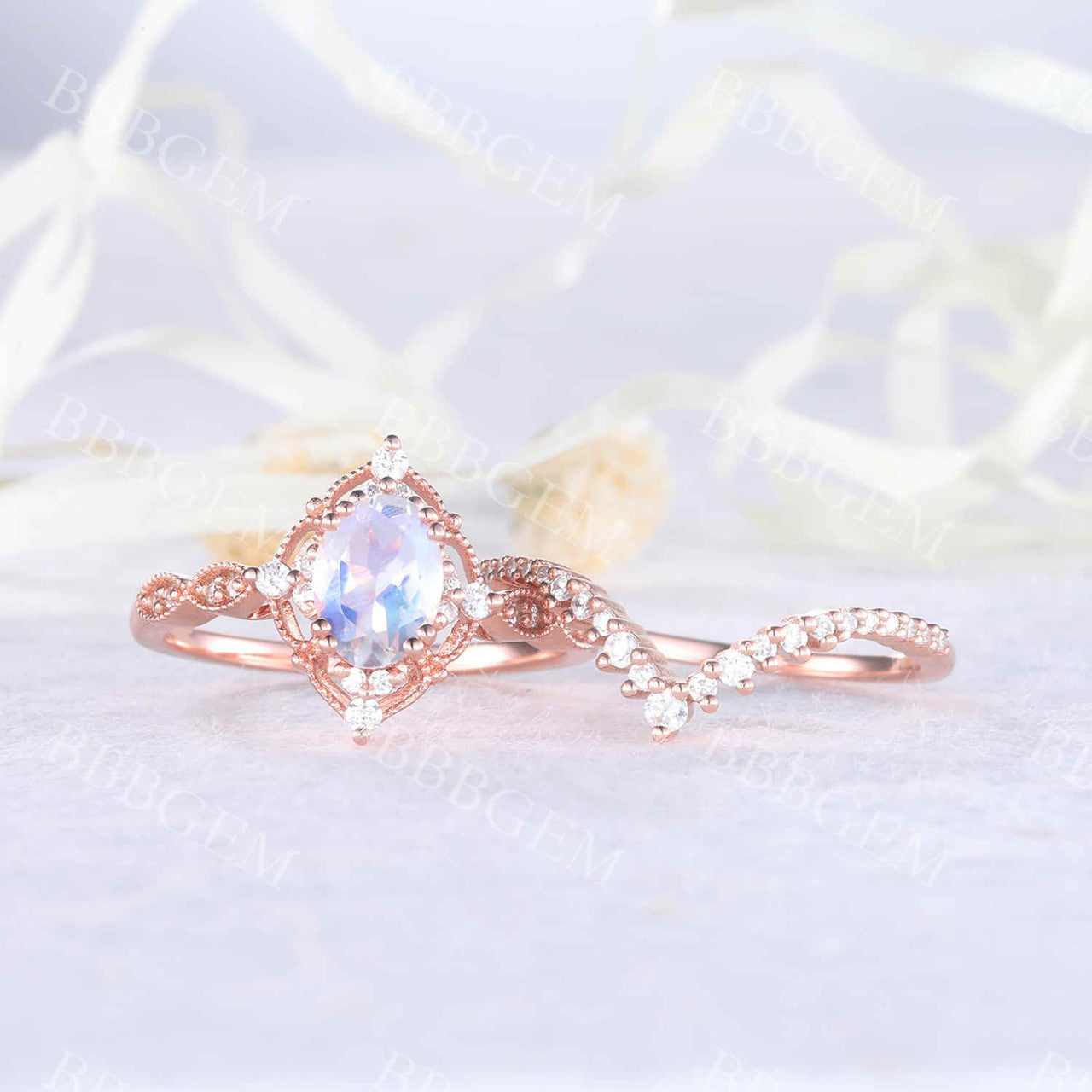 Antique Art Deco Moonstone Engagement Ring Set in Rose Gold - Oval Faceted Moonstone with Milgrain Detailing for Bridal & Wedding Jewelry | Perfect for Vintage-Inspired Proposals & Anniversary Gifts