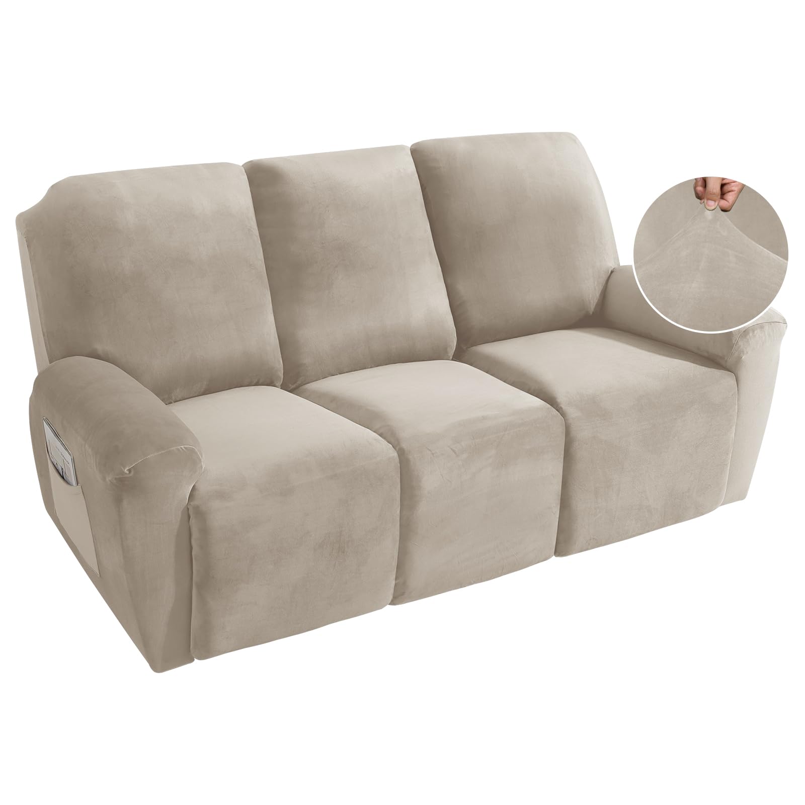 MAXIJIN 8-Piece Stretch Velvet Recliner Sofa Covers - Soft, Thick & Washable Slipcovers for 3-Cushion Reclining Couches (Khaki) | Perfect for Living Room, Home Theater & Family Room Furniture Protection