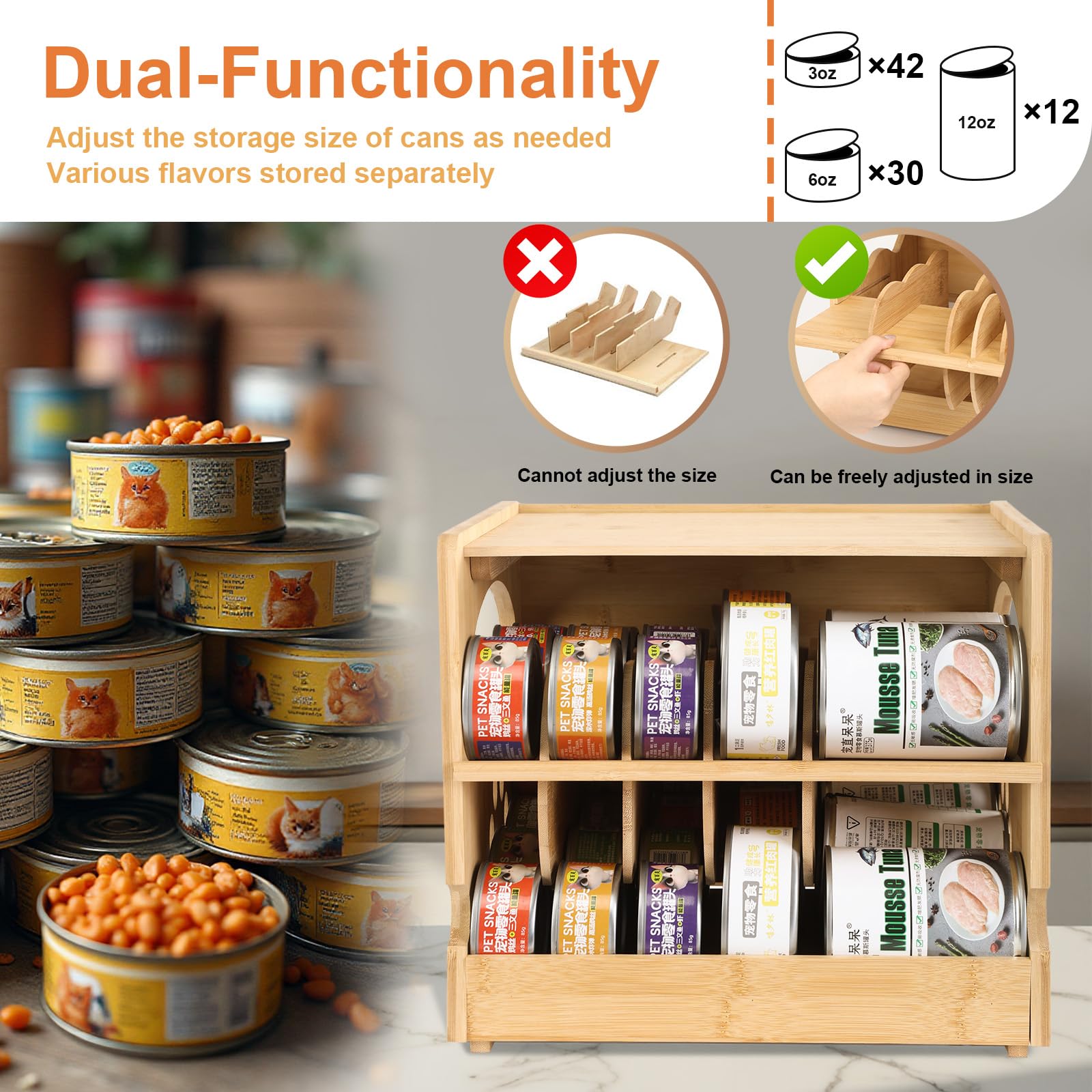 Premium Bamboo Cat Food Can Organizer - 2-Tier Stackable Wet Cat Food Storage Rack with FIFO System & 4 Hooks, Holds 42 (3oz) Cans - Space-Saving Pet Food Dispenser for Pantry & Kitchen Organization