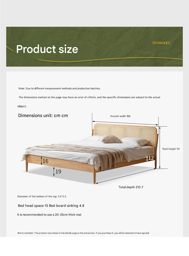 Solid Oak Wood Rattan Bed Frame - Queen Size, Natural Finish - Perfect for Bedroom, Guest Room & Farmhouse Decor