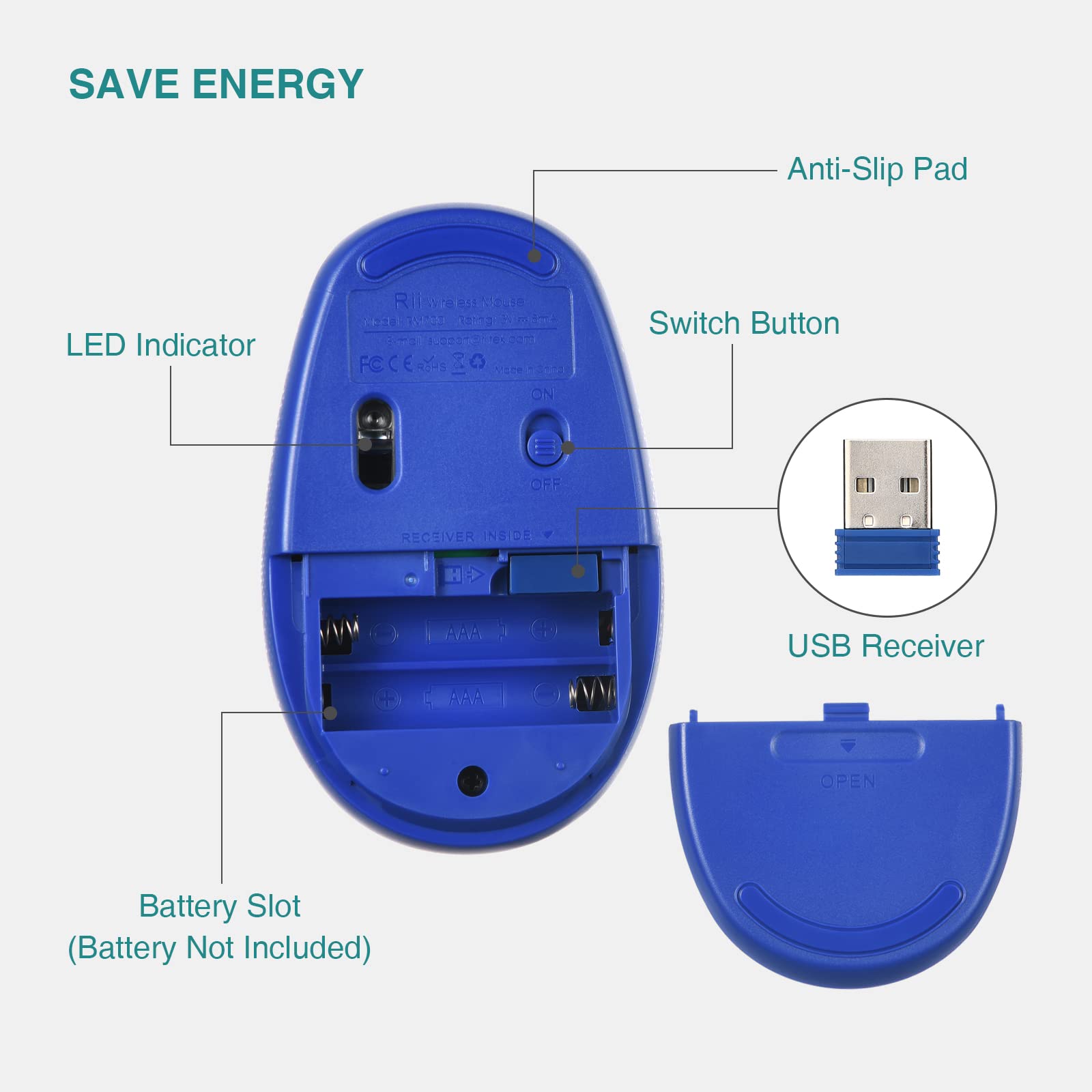 Rii RM700 Wireless Silent Mouse - 2.4G USB Nano Receiver for Laptop, PC, Mac, Chromebook - Ergonomic Computer Mouse (Klein Blue) | Perfect for Office Work, Gaming & Home Use