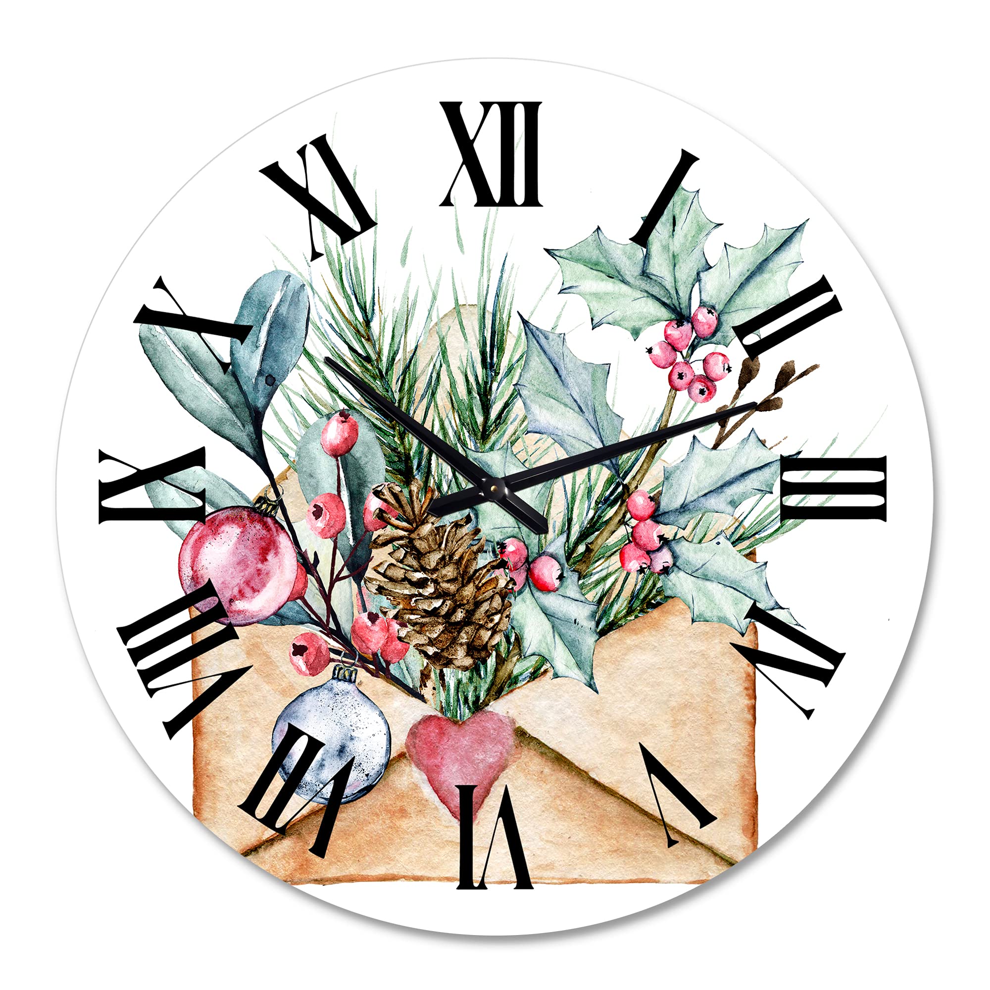 DesignQ Traditional Wall Clock with 'Merry Christmas Greeting Card' Floral & Botanical Design - Large Decorative Clock for Living Room, Bedroom, Office - Perfect for Holiday Decor & Home Interior Styling
