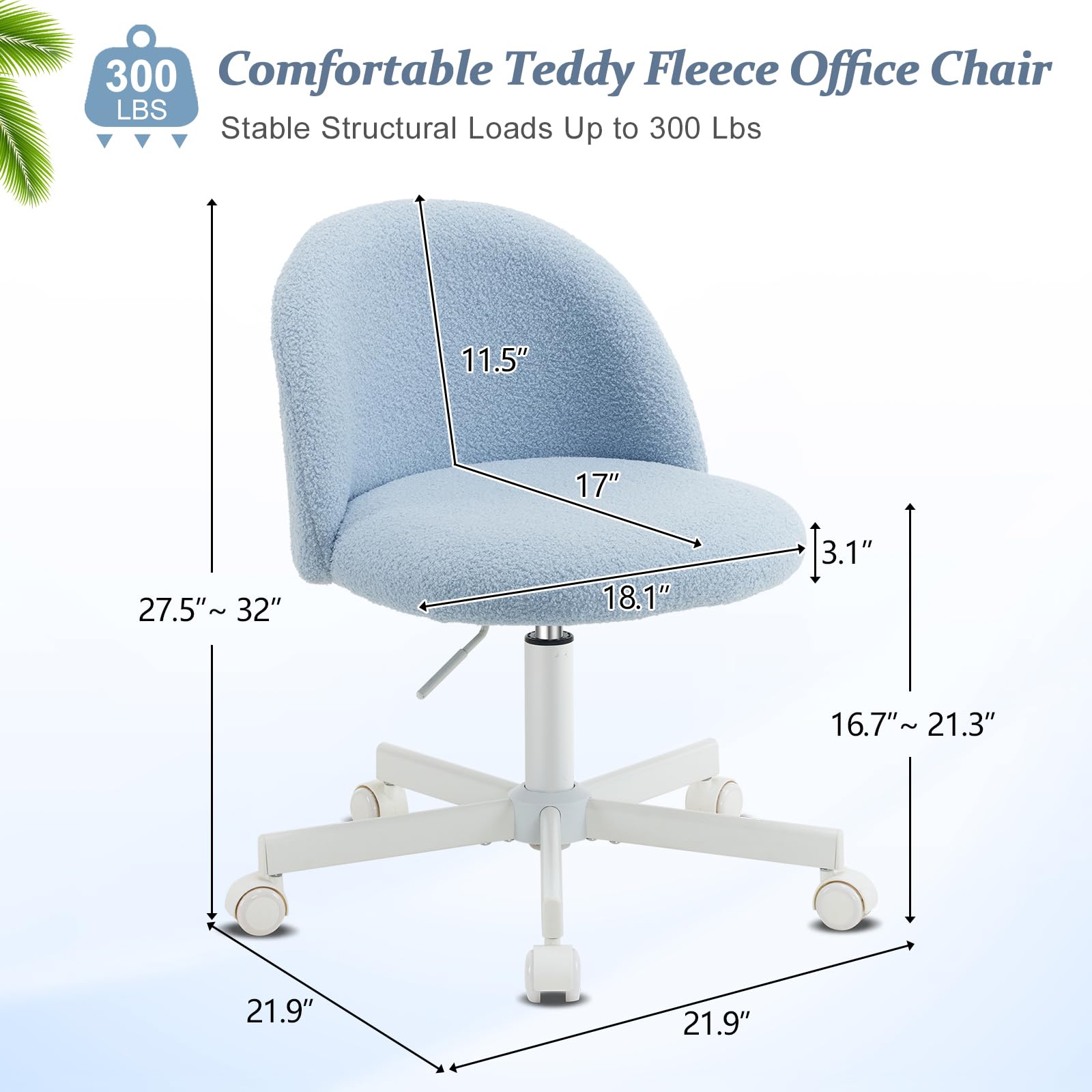 VINGLI Armless Cute Teddy Desk Chair with Wheels - Adjustable Swivel Office Chair with Lumbar Support, Comfortable Small Computer Task Chair for Home Office, Bedroom & Vanity (Poetic Blue) - Perfect for Work, Study & Makeup Stations