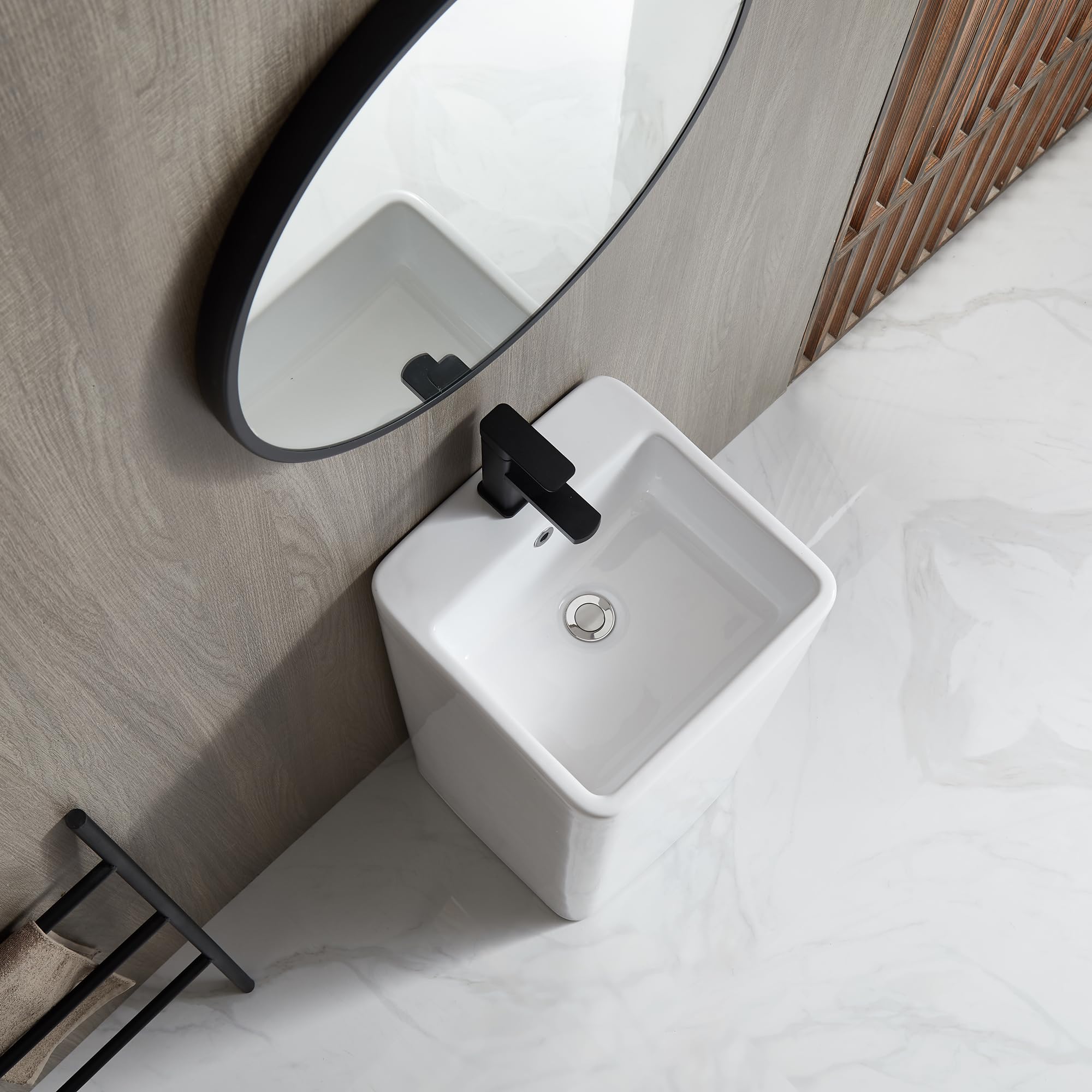 Eridanus 16x16 Inch Glossy White Vitreous Ceramic Pedestal Bathroom Sink with Overflow - Square One Piece Design for Modern Bathrooms, Powder Rooms & Guest Baths