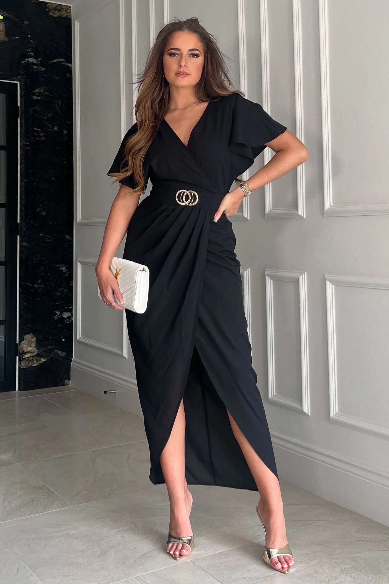 Aurora Buckle Detail Maxi Dress for Women - Elegant Black Long Dress with Adjustable Straps, Perfect for Evening Parties, Weddings & Summer Vacations