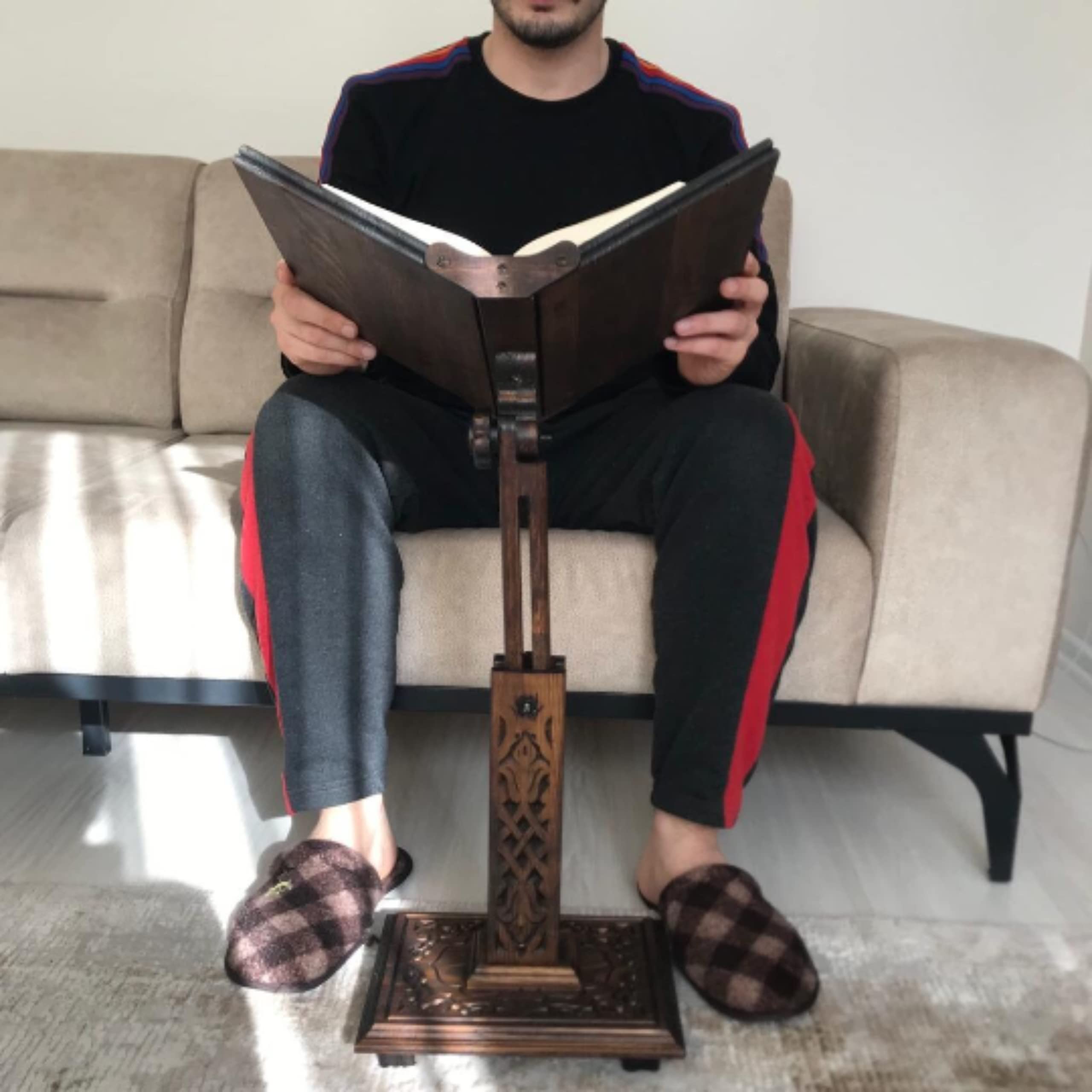 Adjustable Carved Wooden Book Stand Holder for Quran, Bible, Torah - Reading Desk Lectern for Dictionary, Cookbooks & Large Books - Perfect for Religious Study, Kitchen & Office Use