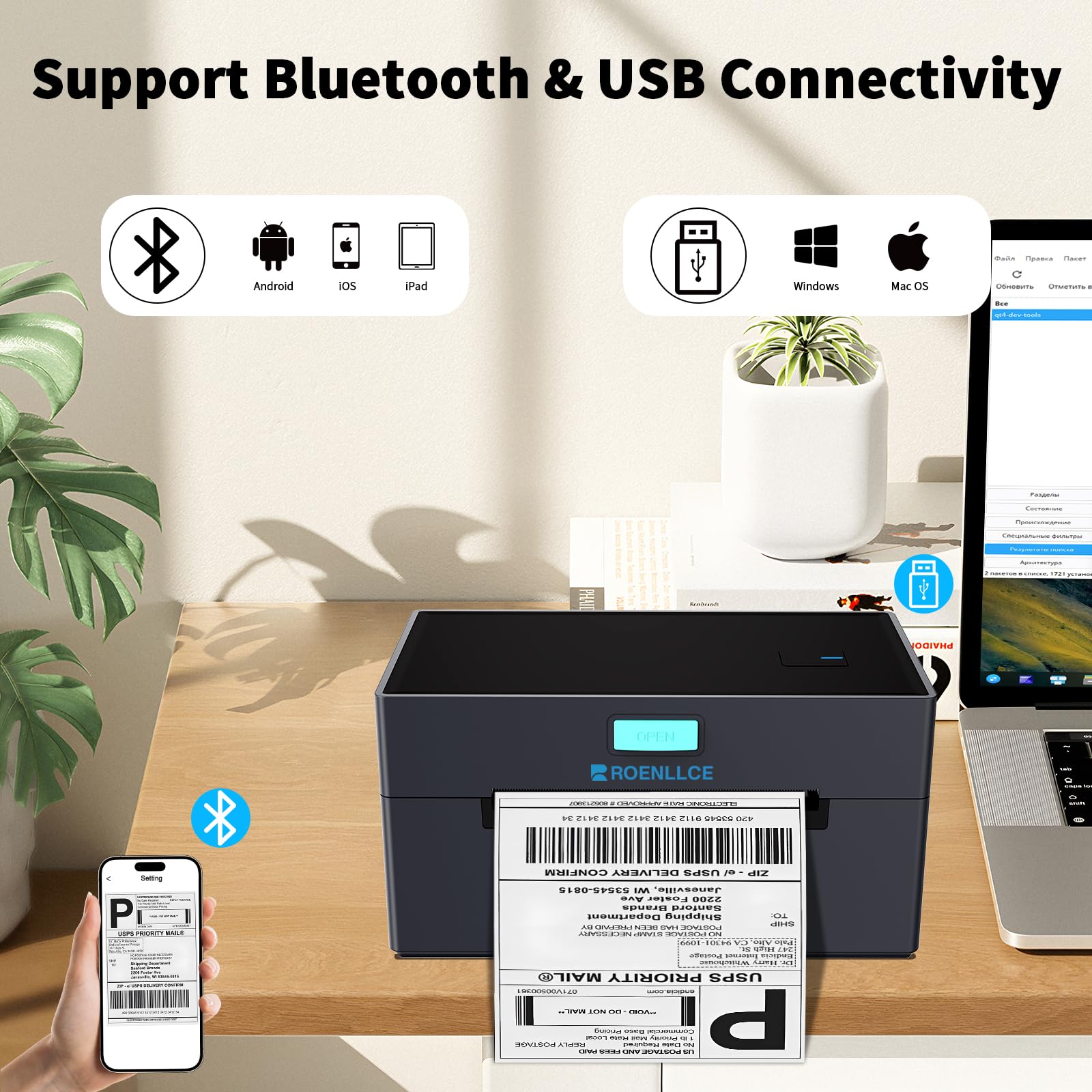 4x6 Bluetooth Thermal Shipping Label Printer for Small Business - Compatible with Windows, Mac, iOS, Android - Perfect for Amazon, eBay, Shopify, Etsy & UPS - Ideal for Home Office & E-commerce Shipping