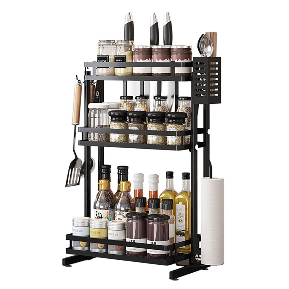 3-Tier Black Spice Rack Organizer for Kitchen Cabinets - Space-Saving Spice Storage Solution for Countertops, Pantry & Cupboards - Perfect for Organizing Seasoning Jars, Bottles & Cooking Essentials