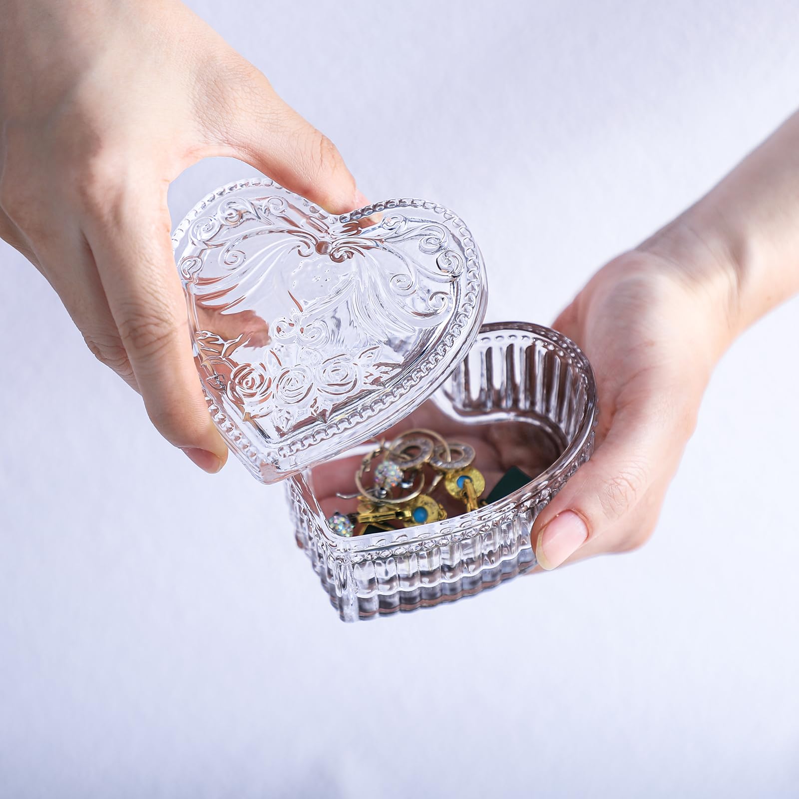 Gaolinci Crystal Glass Heart-Shaped Jewelry Box with Lid - Elegant Embossed Storage for Rings, Necklaces & Candy - Perfect for Valentine's Gifts, Wedding Favors & Home Decor