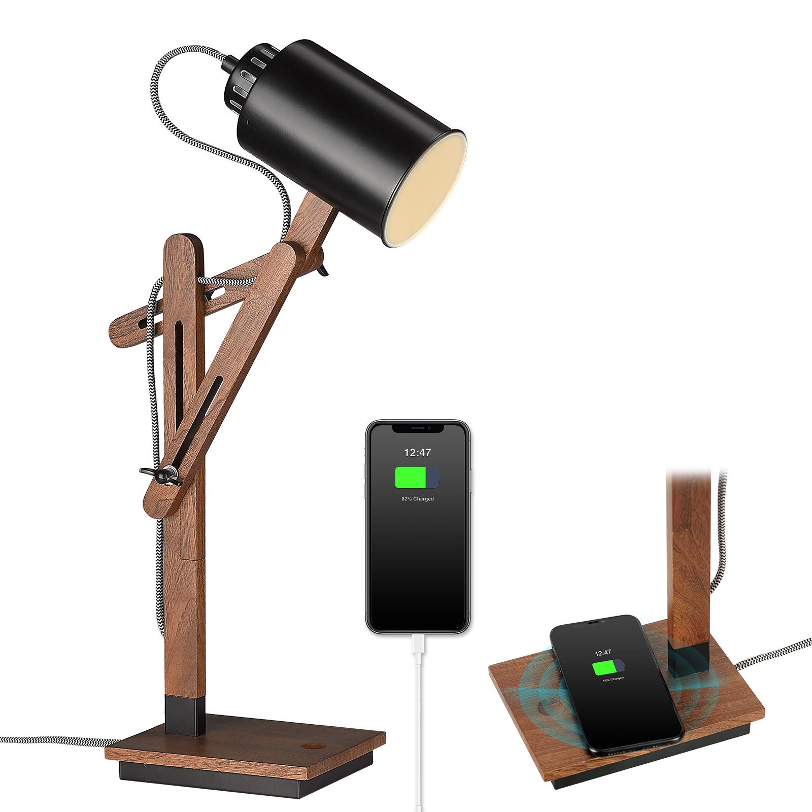 ELYONA Touch Control Desk Lamp with Wireless Charging & USB Port - Adjustable Swing Arm LED Task Light, Sapele Wood Reading Lamp for Bedroom, Study, Office, Dorm - Perfect for Night Reading, Remote Work & Home Decor (Black, Bulb Included)