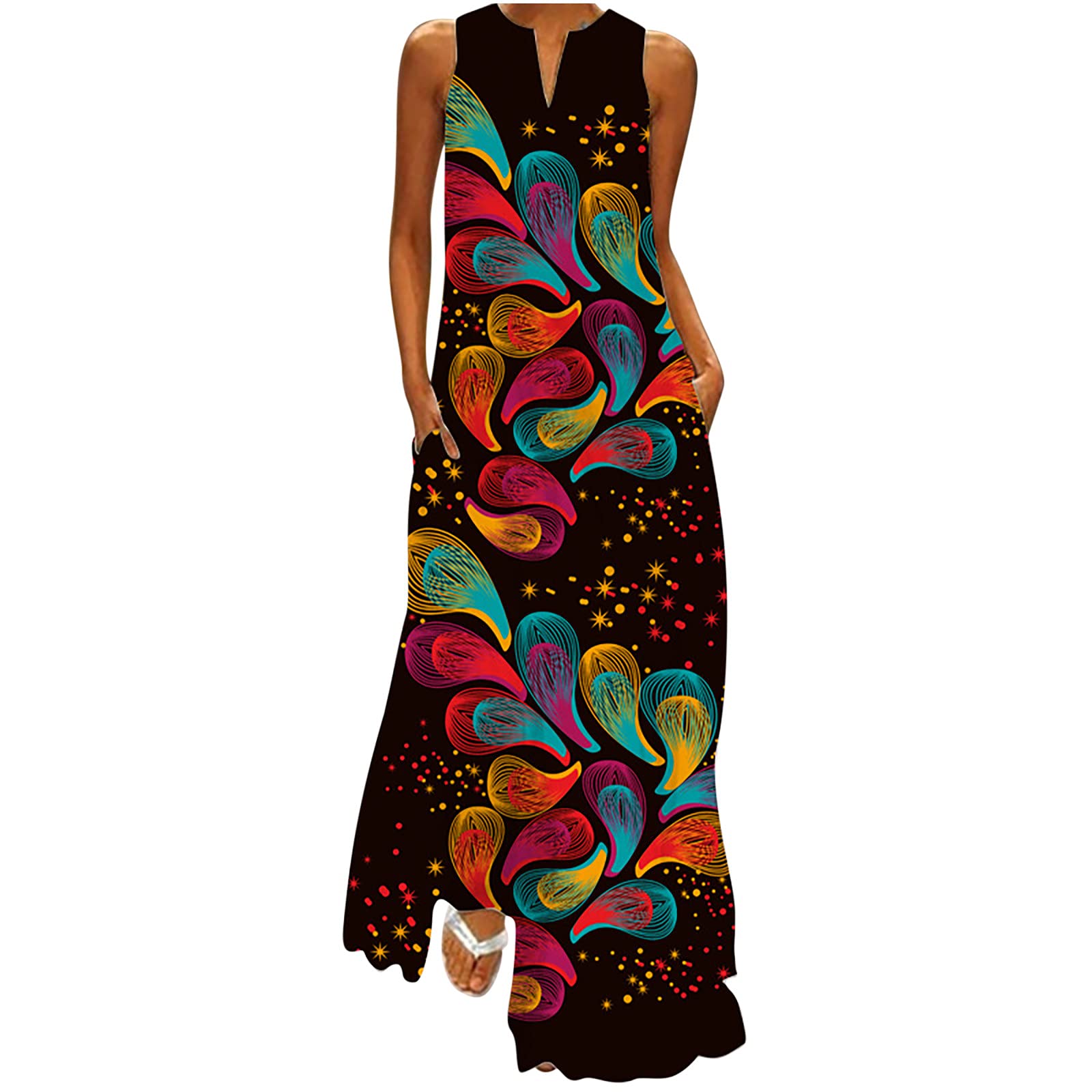 Women's Summer Maxi Dress - Black Floral Sleeveless Sundress with Pockets | Casual Round Neck Sling Dress for Beach, Vacation & Outdoor Activities