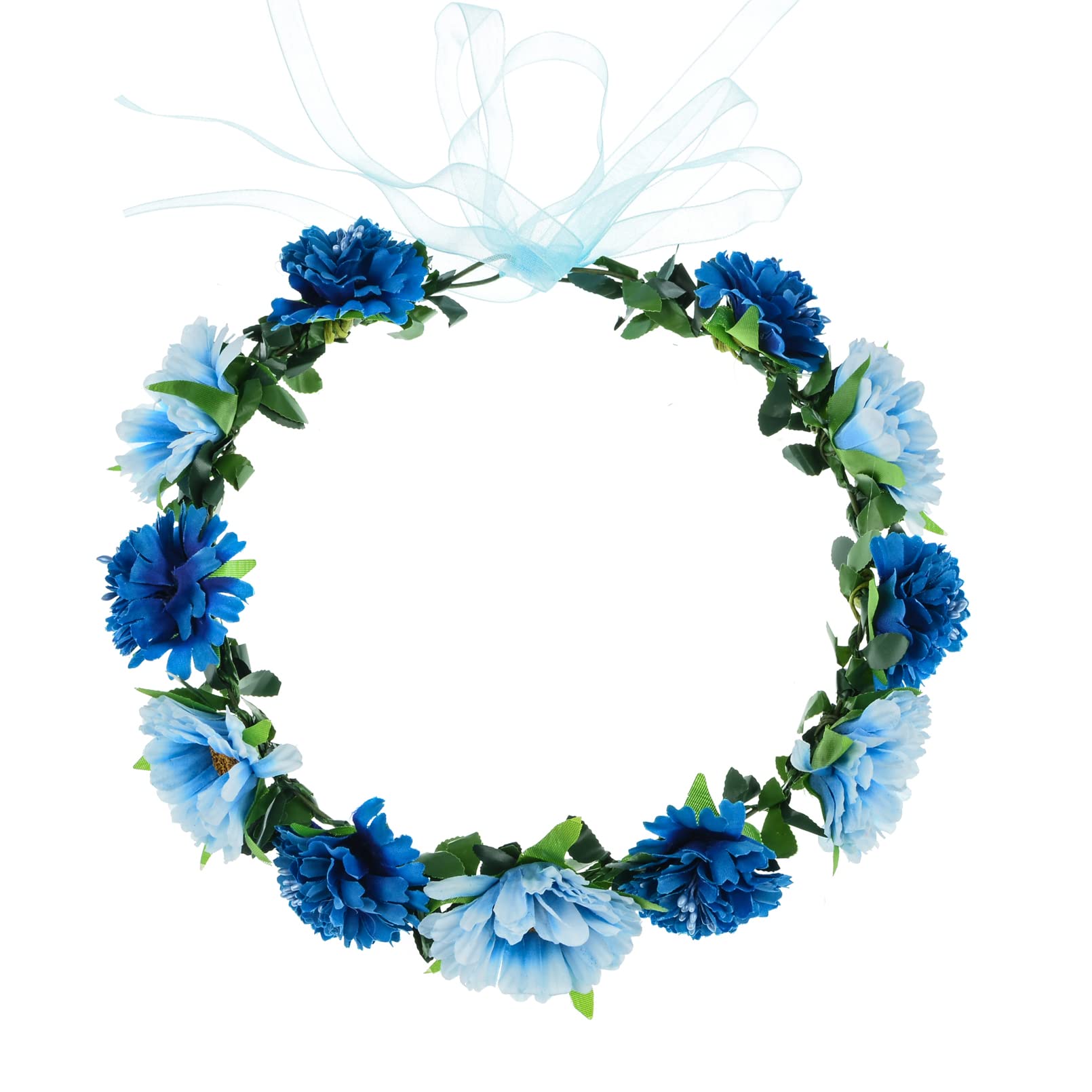 Blue Rose Flower Leaf Crown Bridal Halo Headband with Adjustable Ribbon - Perfect for Weddings, Boho Parties & Photo Shoots