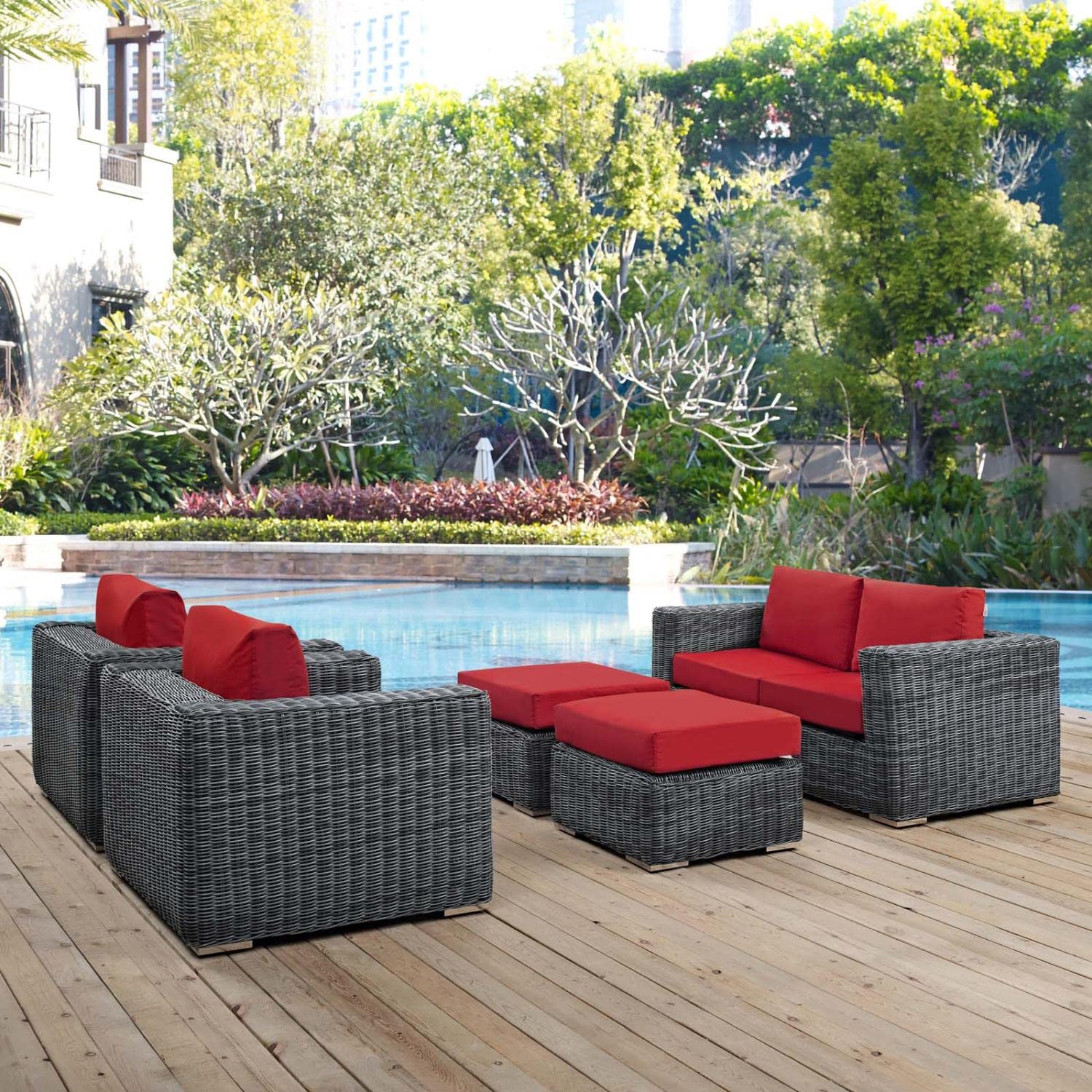 Modway Summon 5-Piece Outdoor Patio Sectional Sofa Set with Sunbrella Cushions - Waterproof & UV Resistant - Canvas Red - Perfect for Backyard, Poolside & Garden Relaxation