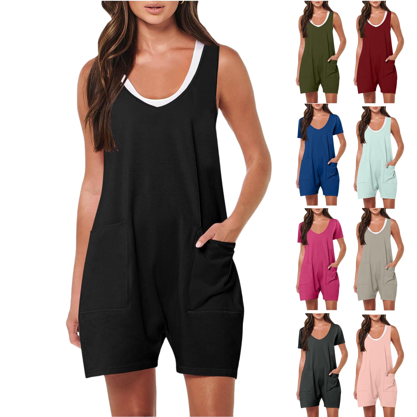 Women's Summer Casual Romper - Sleeveless Loose Spaghetti Strap Short Jumpsuit with Pockets | Trendy Overalls for Beach, Vacation & Daily Wear | Prime Daily Deals & Lightning Clearance
