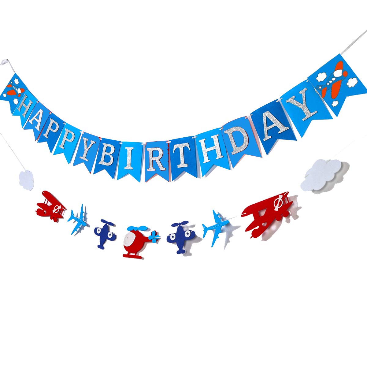 Silver Glitter Airplane Aviator Themed Birthday Party Decorations - 30ct Hanging Airplane Swirls, Foil Balloons & Happy Birthday Banner for Aviation Theme Parties | Perfect for Kids' Birthday, Baby Shower & Aviation Enthusiast Celebrations