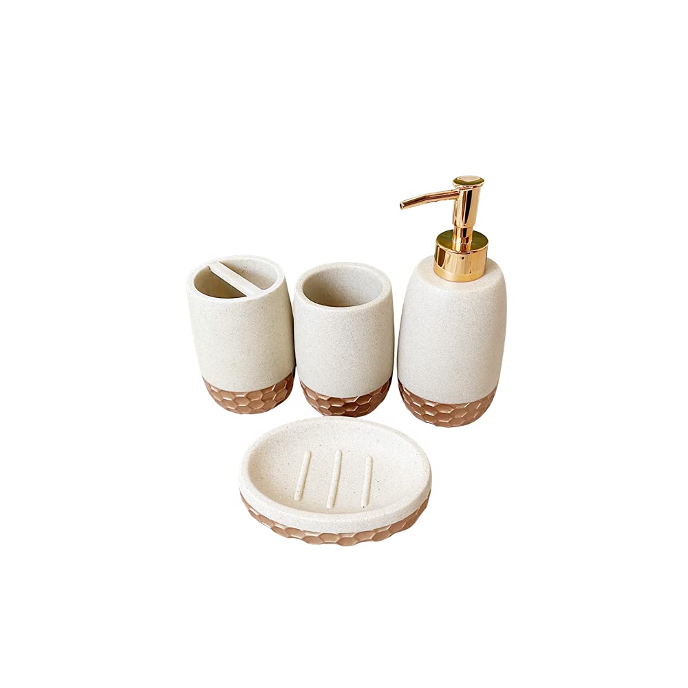 Honeycomb Bathroom Accessory Set - 4 Piece Vanity Organizer with Soap Dispenser, Toothbrush Holder, Toothbrush Cup & Soap Dish | Modern Bathroom Decor for Countertop Organization