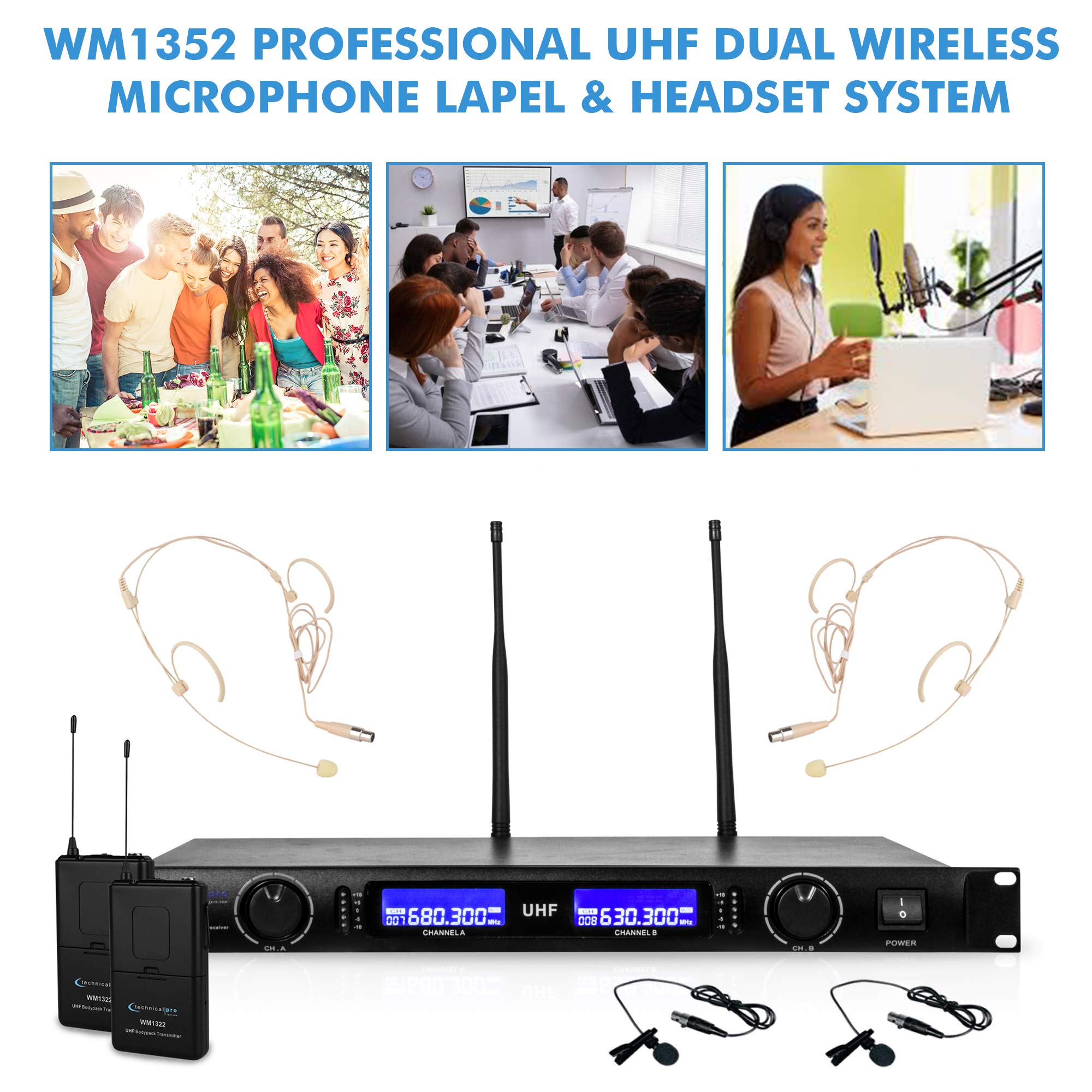Professional UHF Wireless Microphone System - Dual Lapel & Headset Mics with XLR, LCD Display & LED Meter for Live Performances, Public Speaking, Church Services & Events