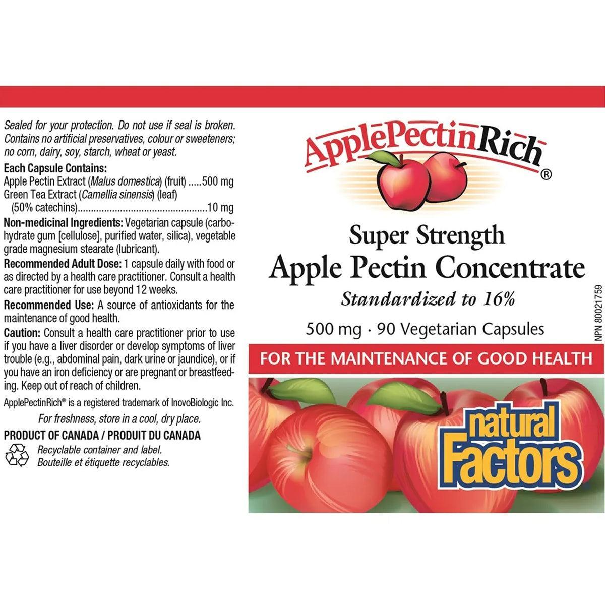 Natural Factors Apple Pectin 500mg Super Strength Concentrate - 90 Veggie Capsules for Digestive Health & Detox Support - Ideal for Gut Cleansing, Cholesterol Management & Immune Boosting
