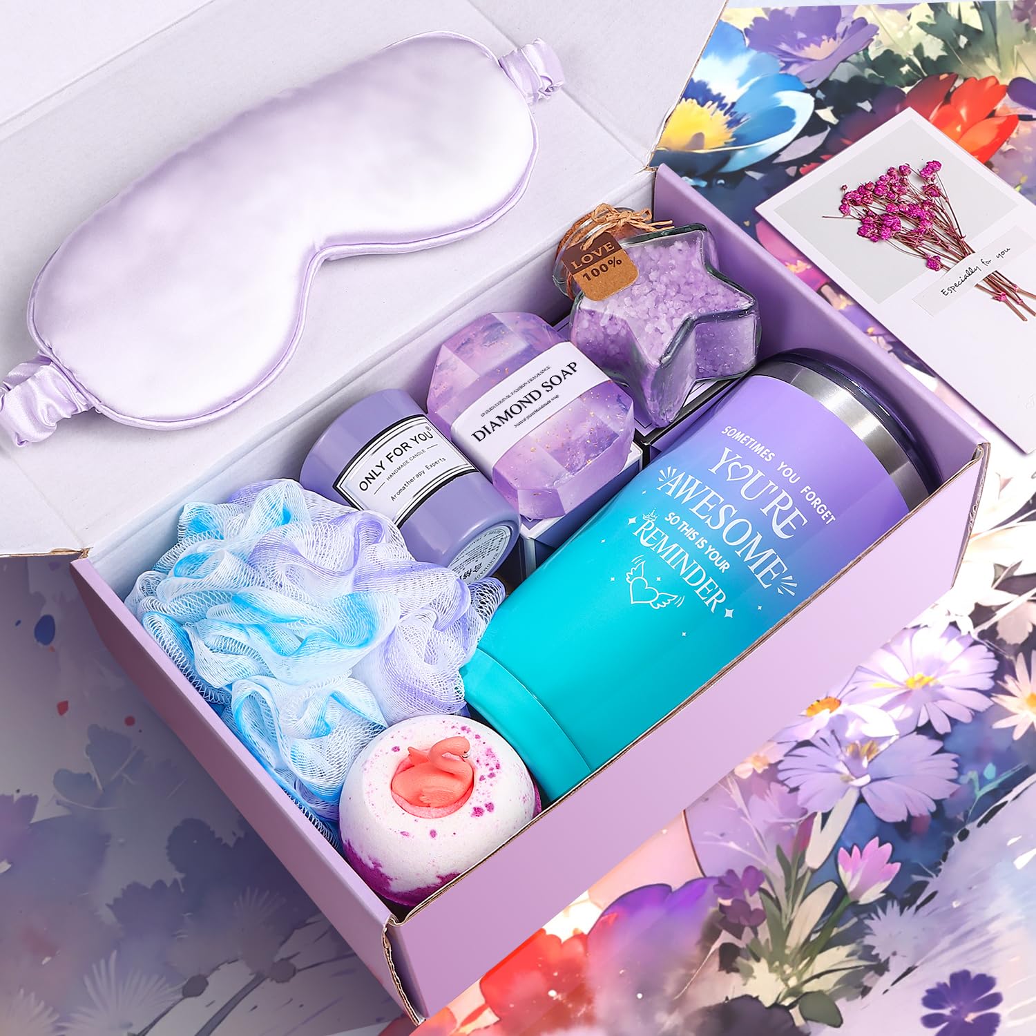 Unique Spa Relaxation Self Care Gift Basket for Women - 8P Purple Birthday, Friendship, Get Well Soon Gift for Best Friend, Mom, Wife, Sister - Perfect for Christmas, Valentine's Day & Mother's Day - Home Spa & Stress Relief Gift Set