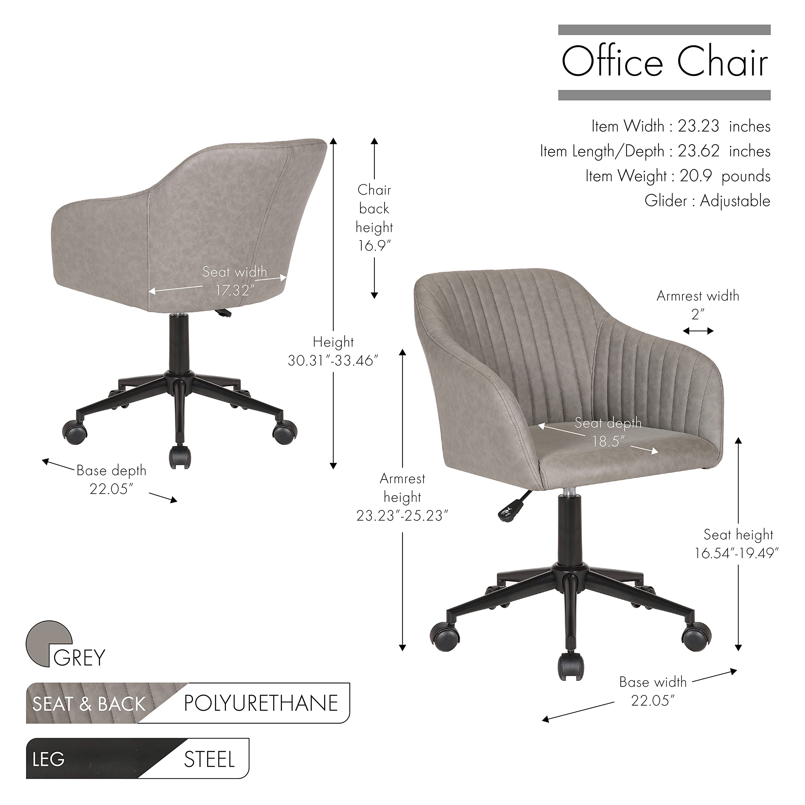 Porthos Home Madison Ergonomic Office Chair - Adjustable Height PU Leather Desk Chair with Mid-Back Support, 360° Swivel & Rolling Wheels - Perfect for Home Office, Study Room & Workspace