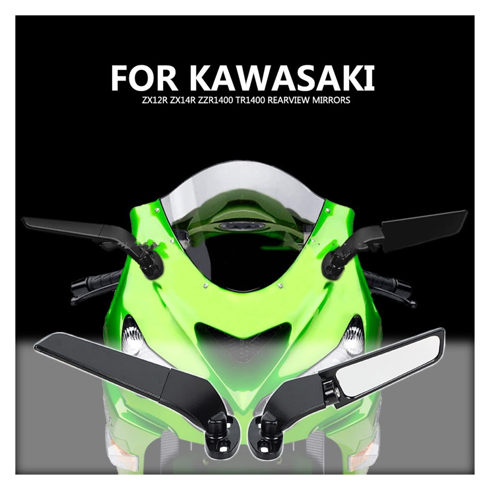 Kawasaki ZX12R ZX14R ZZR1400 TR1400 Adjustable Rotating Side Mirrors - Black Motorcycle Wind Wings for Enhanced Visibility & Style - Perfect for Highway Cruising & Sport Riding