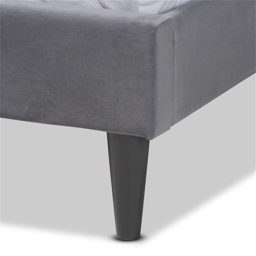 Baxton Studio Gothard Modern Queen Size Platform Bed - Grey Velvet Upholstery with Dark Brown Wood Frame | Perfect for Contemporary Bedrooms & Guest Rooms