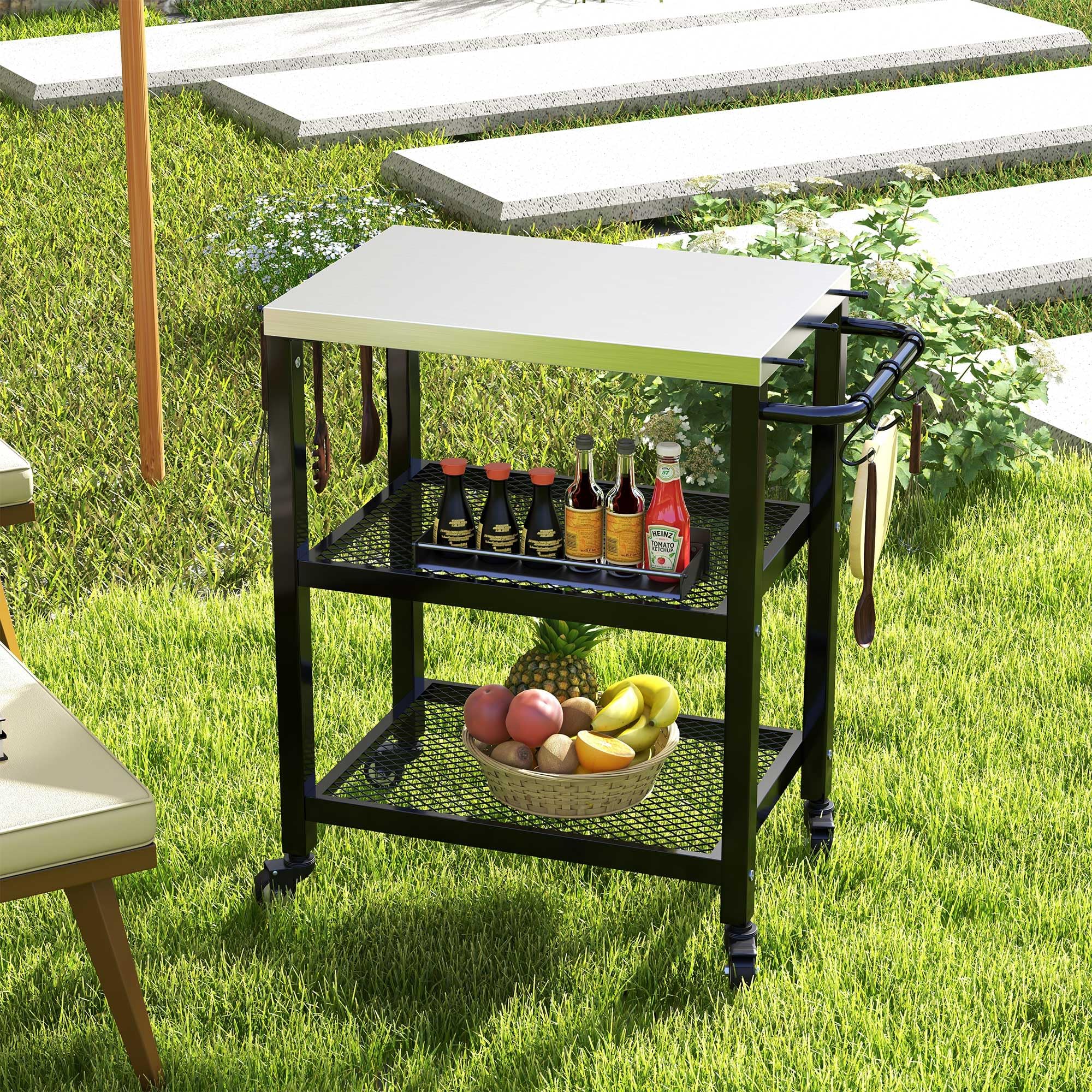 YITAHOME Outdoor Grill Table with Hooks & Side Handle - Portable BBQ Prep Cart for Pizza Oven, Patio, Garden & Kitchen - Durable Sliver & Black Design for Backyard Cooking & Entertaining