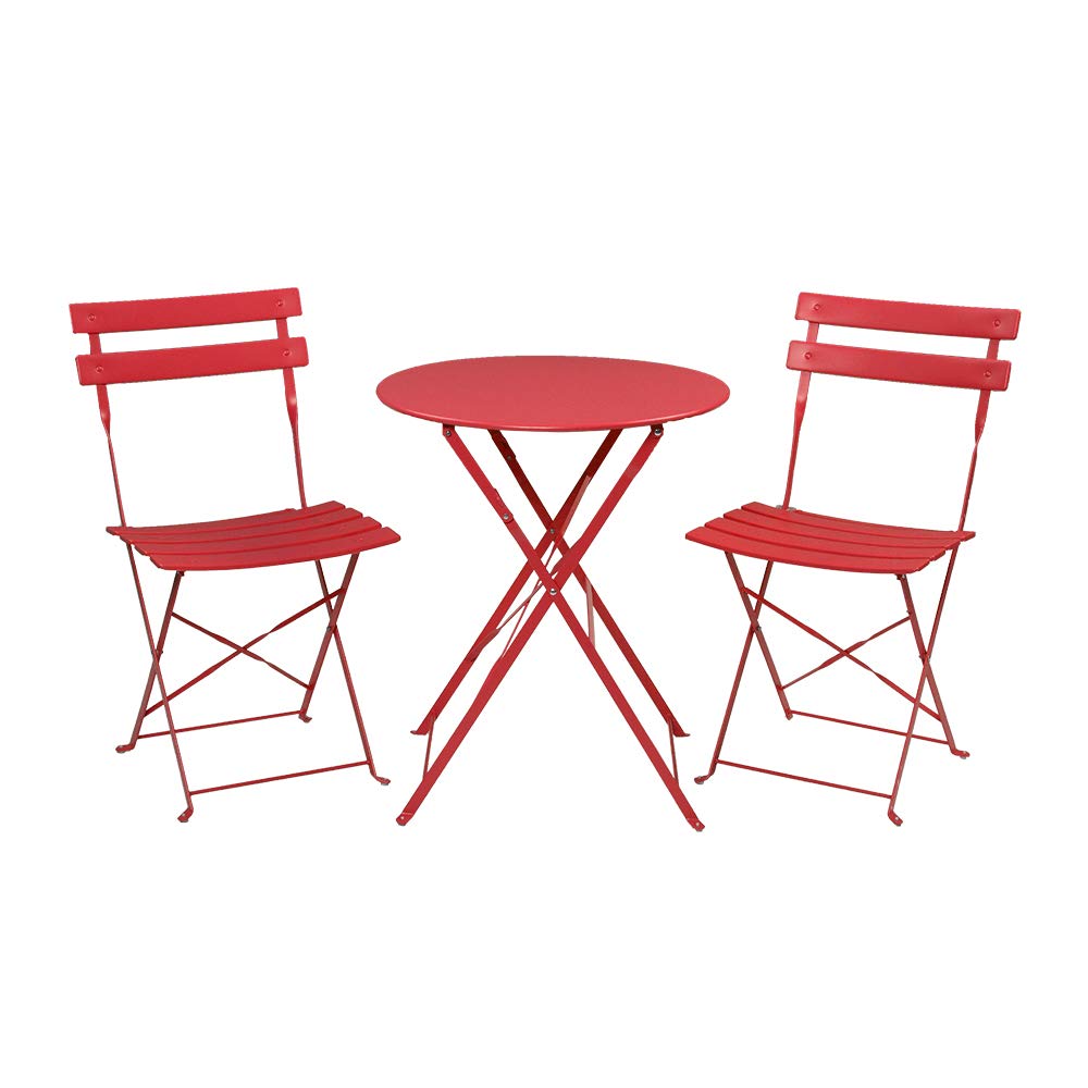 Teeker 3-Piece Metal Patio Bistro Set - Outdoor Folding Table & 2 Chairs for Balcony, Poolside, Backyard or Front Door - Rust-Resistant Red Garden Furniture for Small Spaces & Apartment Decoration