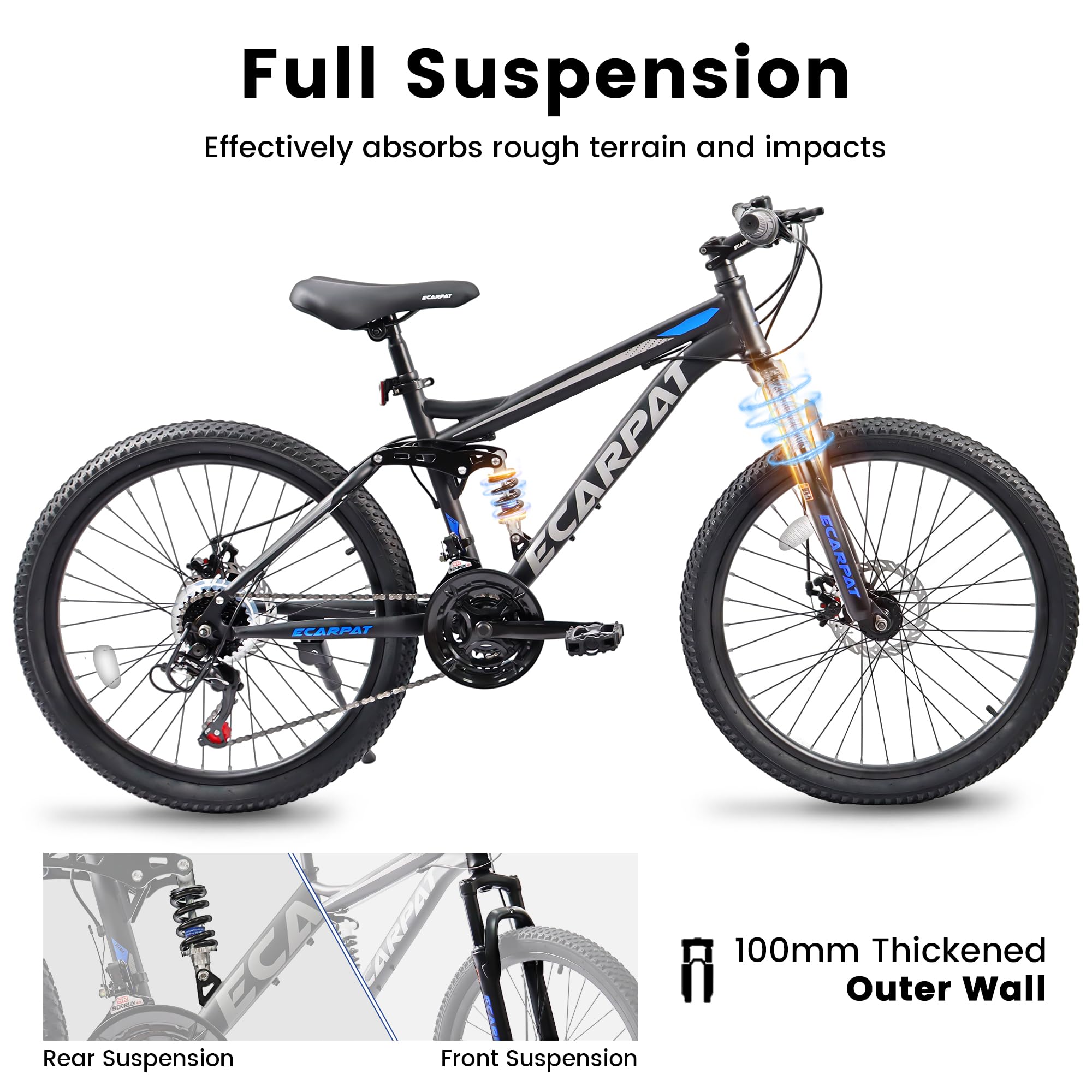 24 Inch Full Suspension Mountain Bike for Adults - Lightweight Aluminum Frame, Hydraulic Disc Brakes - Perfect for Trail Riding & Off-Road Adventures