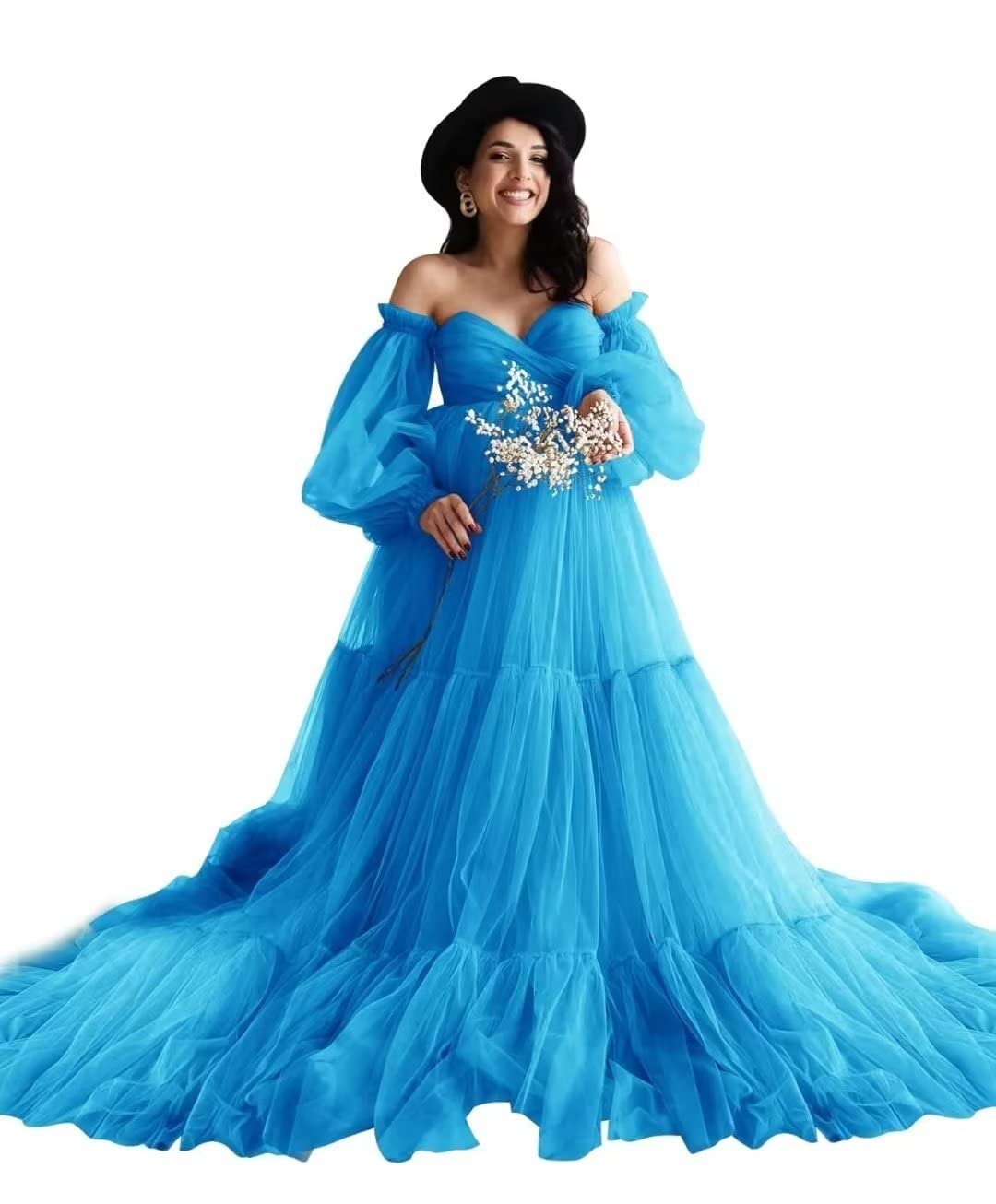 Elegant Winter Off Shoulder Tulle Maternity Dress for Baby Shower, Photoshoot & Pregnancy - Soft & Comfortable Formal Gown for Special Occasions