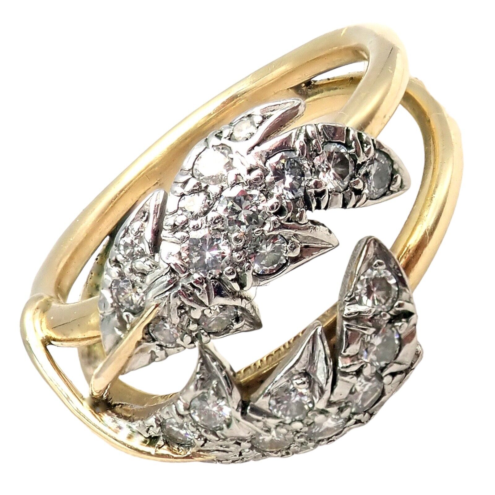 Authentic Tiffany & Co. Schlumberger Diamond Ring in 18K Yellow Gold & Platinum - Elegant Two Leaf Design for Weddings, Anniversaries & Special Occasions