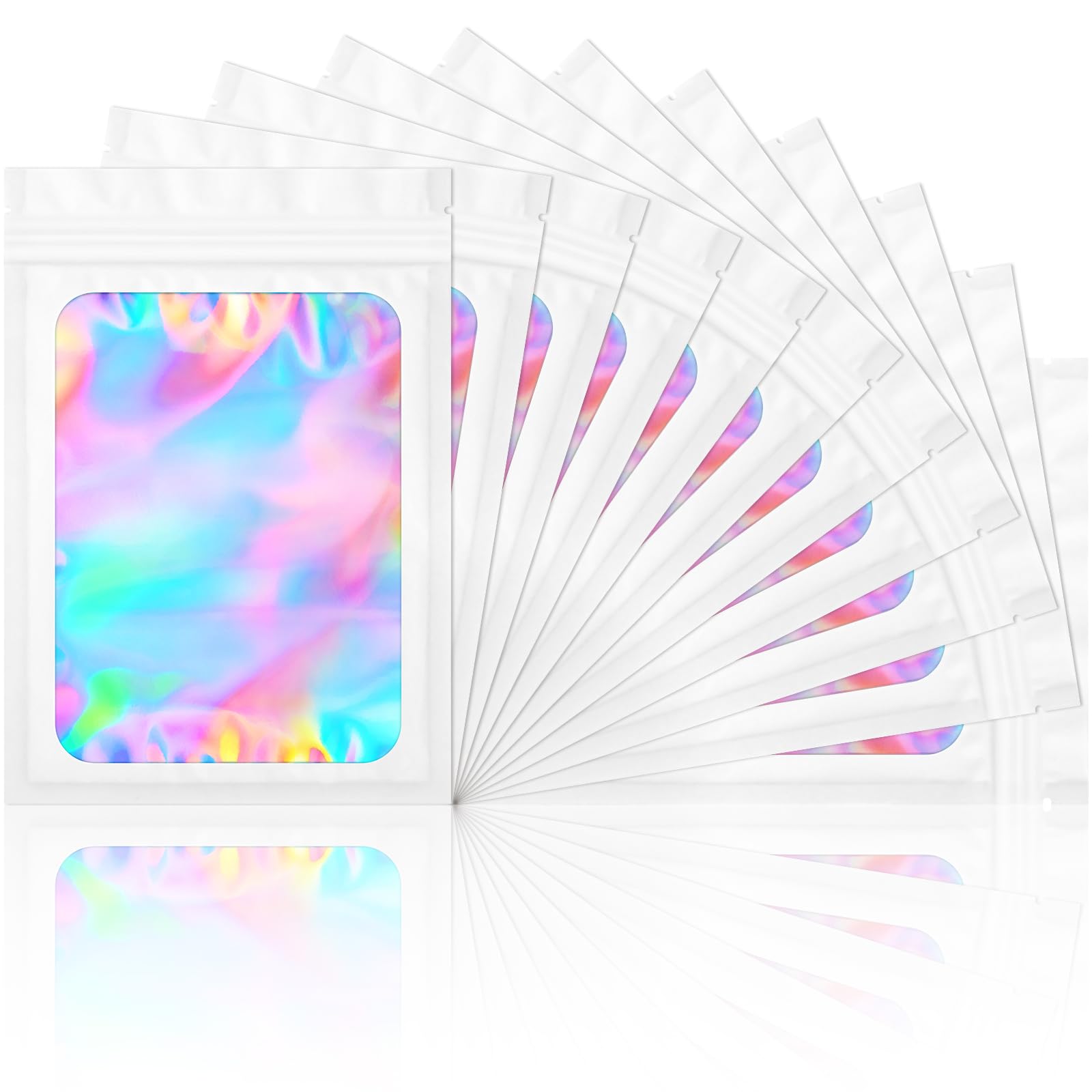 100-Pack Smell Proof Mylar Bags - Resealable Holographic Pouch with Clear Window for Food Storage, Eyelash, Jewelry & Electronics (4x6 Inches, White) | Airtight Packaging for Freshness & Odor Control - Perfect for Kitchen, Travel & Organizing Small Items