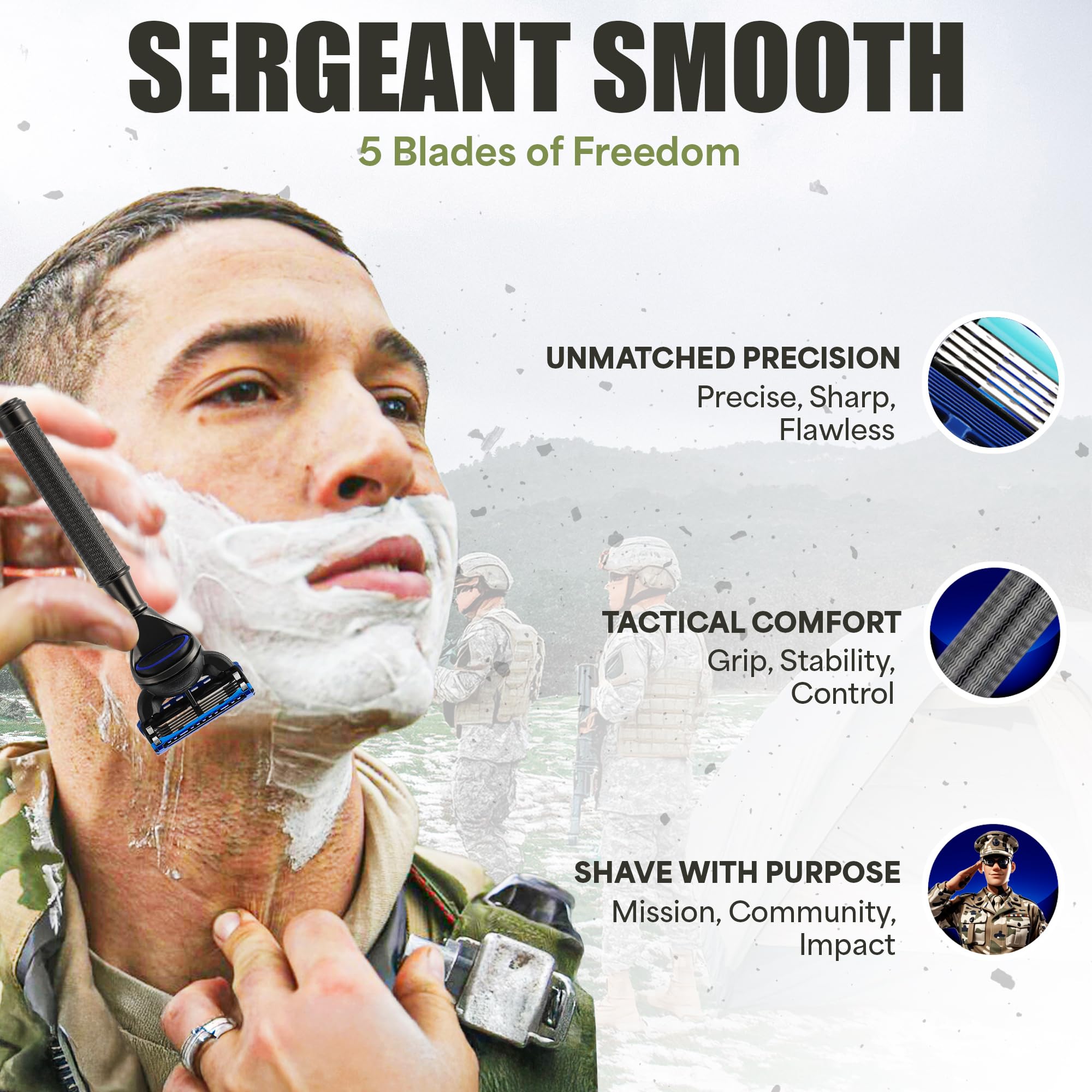 Duty & Dapper Sergeant Smooth 5-Blade Razor with Lubricating & Exfoliating Strips - Military Grade Men's Shaving Razor for Smooth, Comfortable Shave - Ideal for Travel, Gym & Everyday Grooming