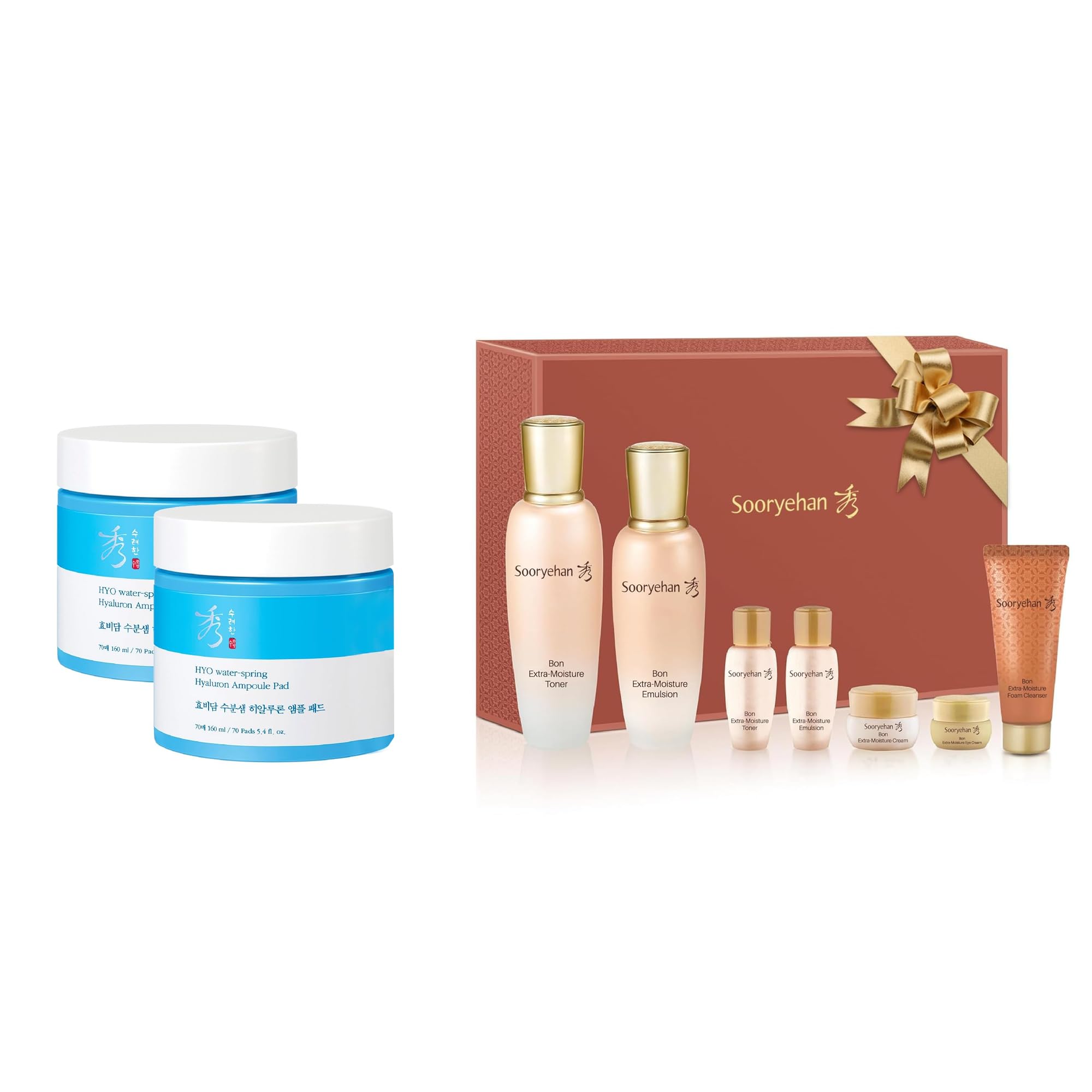 Sooryehan Hyaluron Cotton Facial Toner Pads (160ml/5.41oz x 2) & Bon Extra Moisture Korean Skincare Gift Set (385ml/13.01oz) - Luxury Premium Hydrating Facial Treatment for Dry Skin | Korean Beauty Routine, Daily Skincare, Spa Day at Home