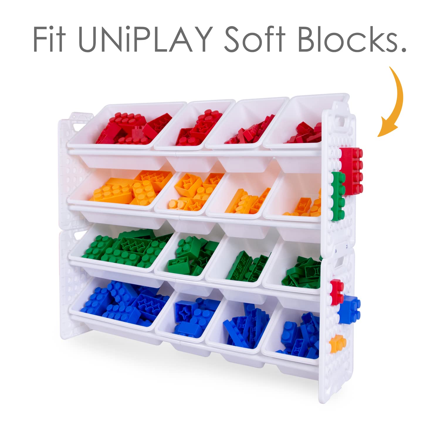UNiPLAY 16-Bin Toy Organizer with Removable Storage Bins | Kids Bookshelf & Toy Storage for Legos, School Supplies, Arts & Crafts | Sturdy White Baseplate Frame for Playroom & Classroom Organization
