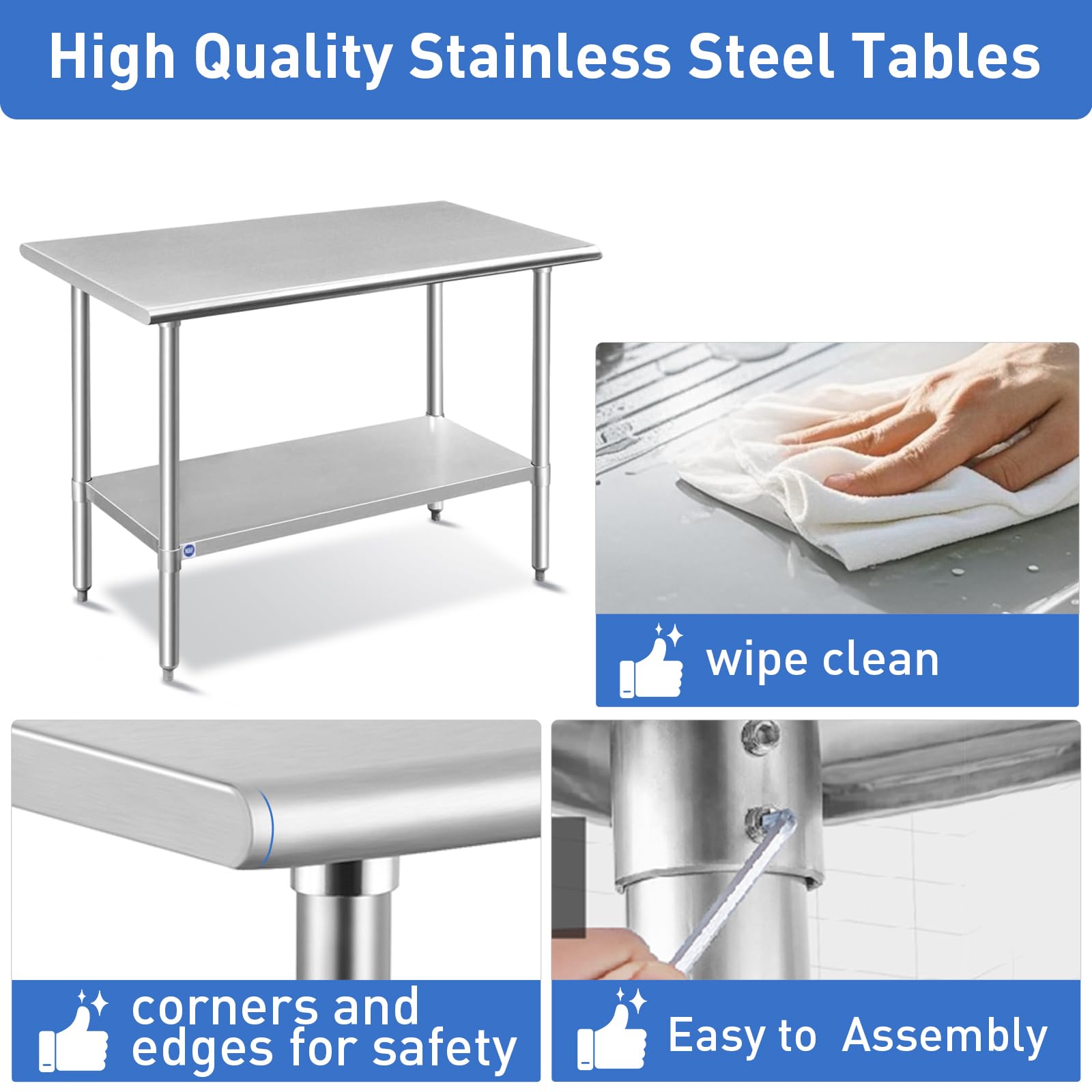 ROCKPOINT 18x30 Inch Stainless Steel Commercial Kitchen Prep Table - NSF Certified Heavy Duty Work Table with Adjustable Under Shelf & Leveling Feet for Restaurant, Home, Hotel Use - Perfect for Food Prep, Cooking & Kitchen Organization
