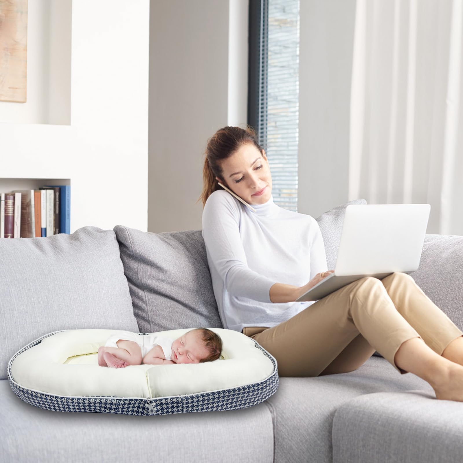 Foldable Portable Baby Lounger for Newborns 0-24 Months - Soft Infant Nest Cover for Home & Travel - Breathable Beige Baby Bed - Perfect for Nursery, Co-Sleeping & On-the-Go Parenting
