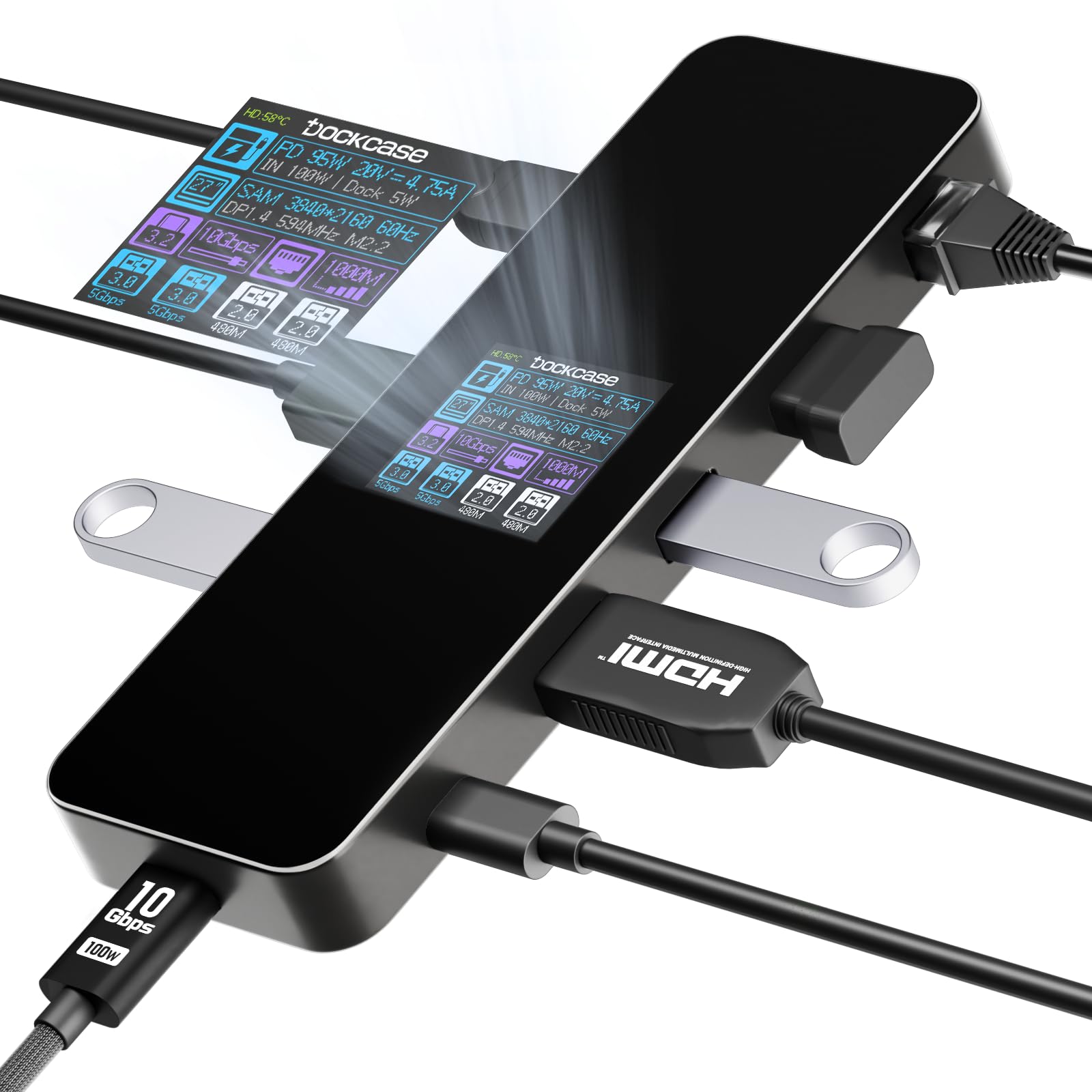 DOCKCASE 8-in-1 Smart USB C Hub with Cooling Fan - 4K@60Hz HDMI, 100W PD 3.0, Gigabit Ethernet, 3 USB 3.2 Ports, 2 USB 2.0 Ports - Compatible with MacBook Pro/Air & M1 iPad Pro - Perfect for Work, Gaming & Home Office Setup