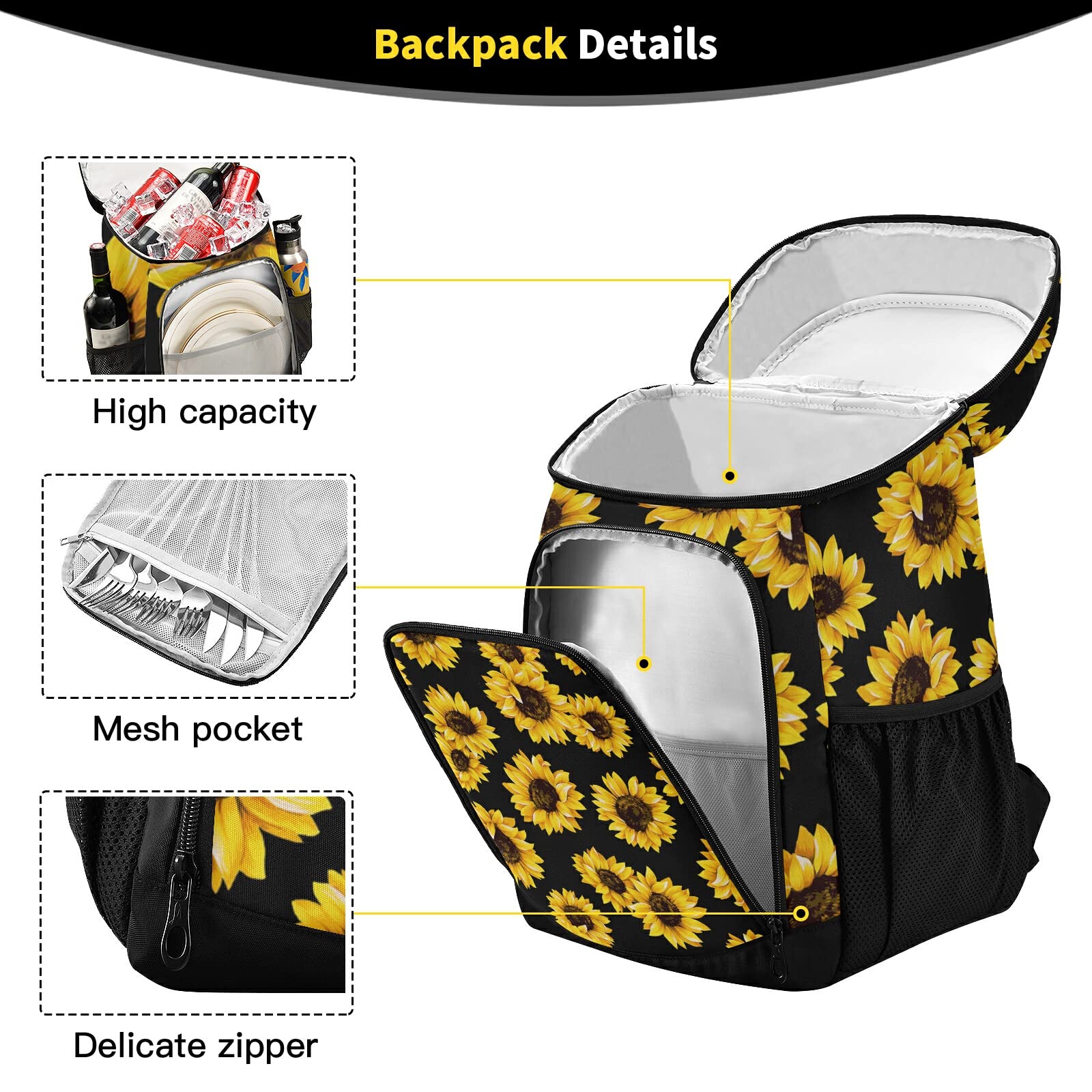 Insulated Sunflower Cooler Backpack for Women & Men - Leakproof Picnic Lunch Bag for Work, Hiking, Camping, Beach & Outdoor Activities | Perfect for Picnics, Fishing, Park Trips & Daily Commute