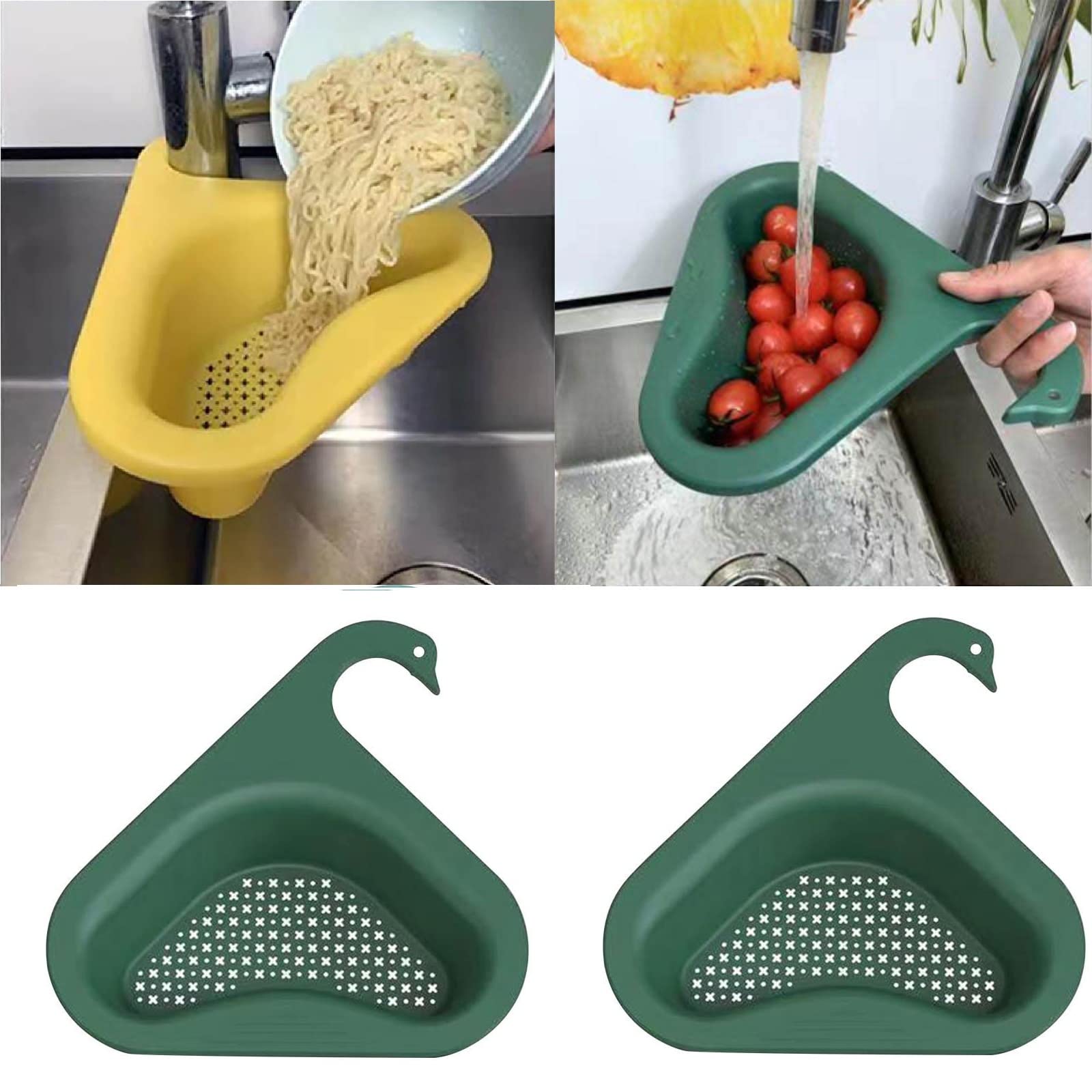2-Pack Swan-Shaped Kitchen Sink Drain Basket - Multi-Purpose Strainer for Faucet Hanging, Triangular Drain Shelf, No Punch Installation (Green) | Perfect for Kitchen Organization & Dishwashing Efficiency